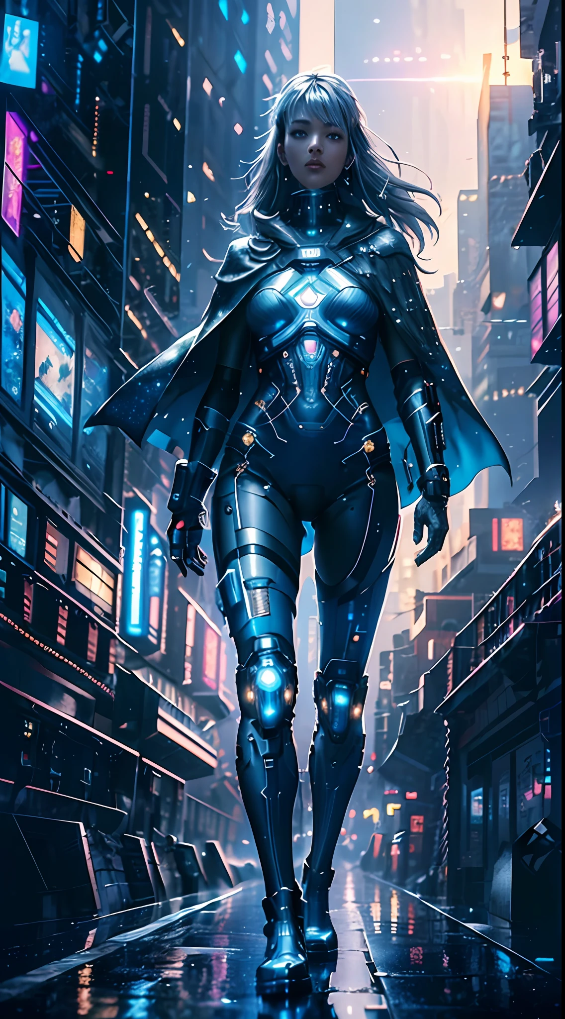 Masterpiece, best quality, 4k, cyborg female, starry sky, stars \ (sky\), cables instead of hair, slim legs, cape, long hair, gray hair, cyberpunk, depth of field, ray tracing, reflections
