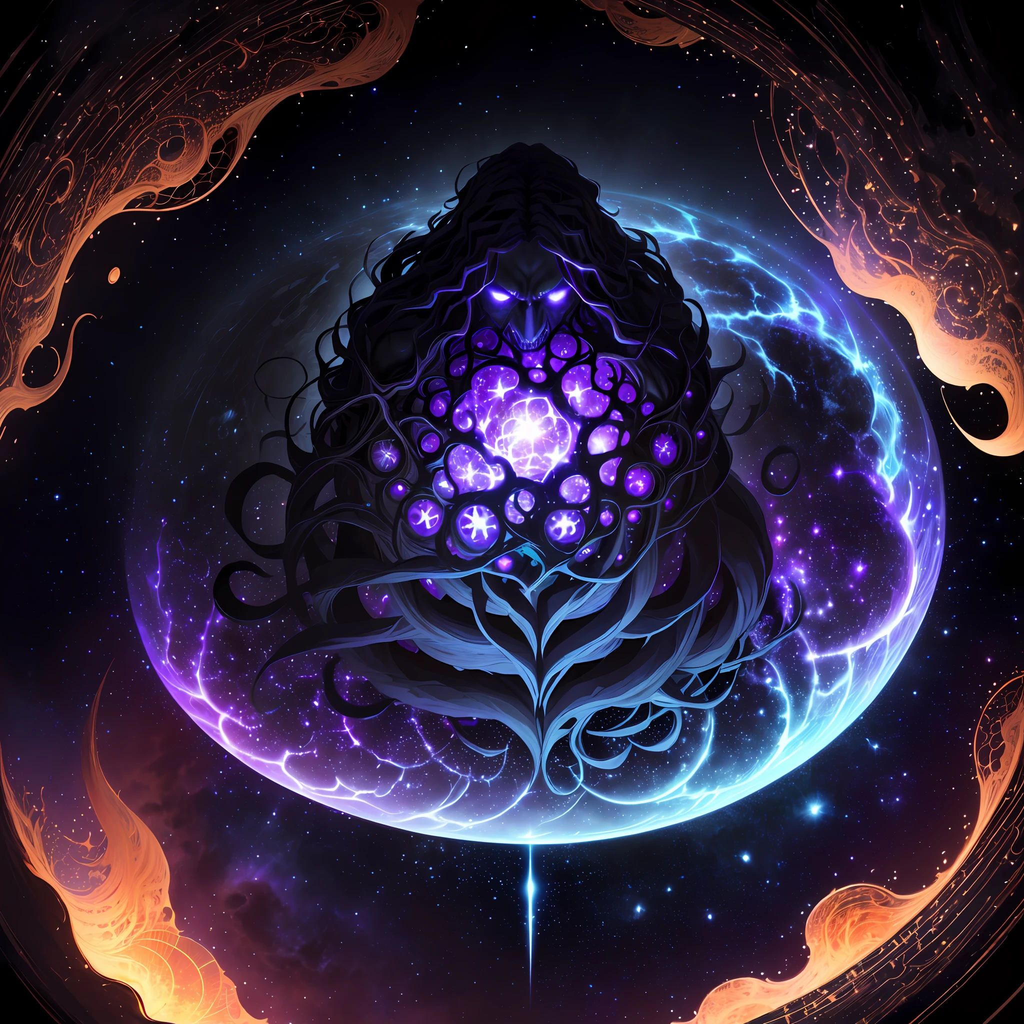 Azathoth is the Greatest God, who rules all infinity from his throne at the center of chaos. His body is composed of all the bright stars of the visible universe, but his face is veiled in darkness.