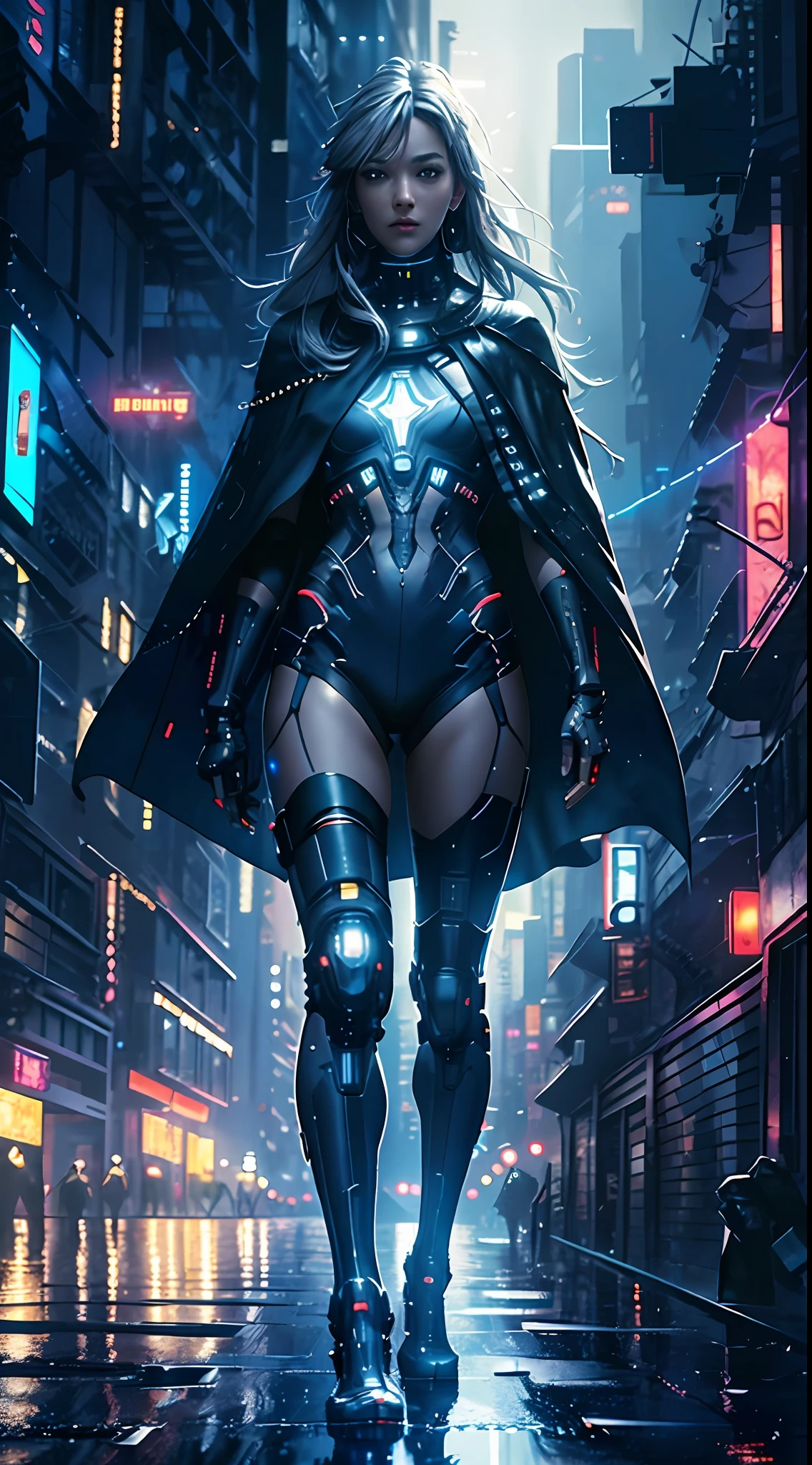 Masterpiece, best quality, 4k, cyborg female, starry sky, stars \ (sky\), cables instead of hair, slim legs, cape, long hair, gray hair, cyberpunk, depth of field, ray tracing, reflections