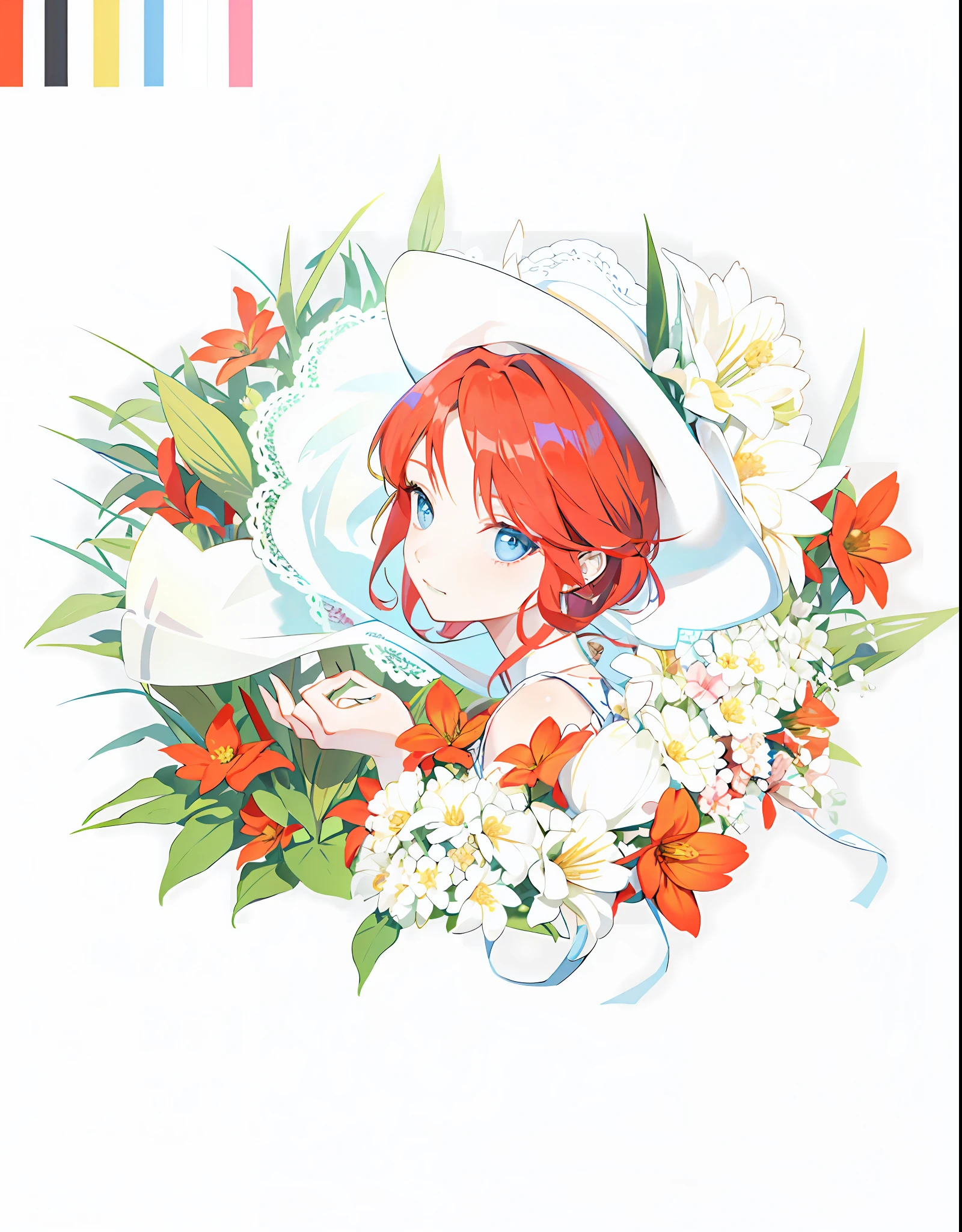 Redhead, girly, blue eyes, delicate facial features, grass, flowers, looking back, white gauze hat