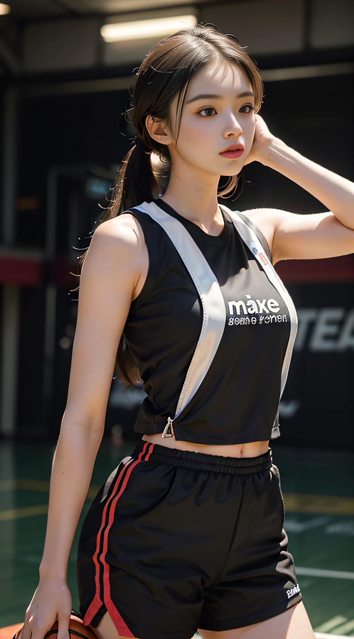 Best quality, (RAW photo: 1.2), (Masterpiece: 1.4), (Realistic: 1.4), (High resolution: 1.4), 1 girl, depth of field, basketball vest, basketball shorts, basketball court, sexy, frontal, sporty, intricate details, 8k, very detailed, perfect lighting, epic background, hand details