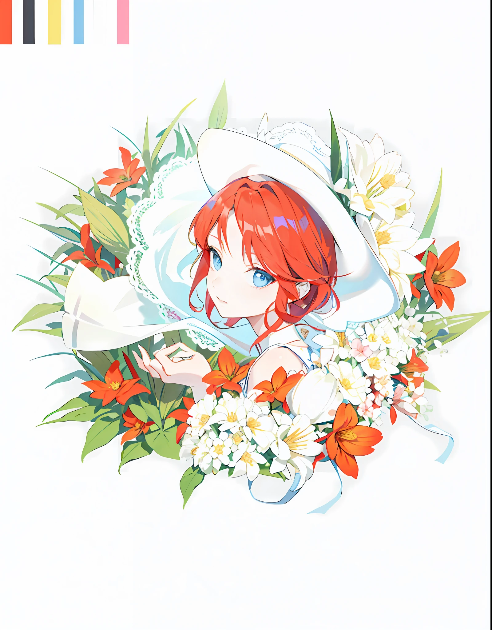 Redhead, girly, blue eyes, delicate facial features, grass, flowers, looking back, white gauze hat