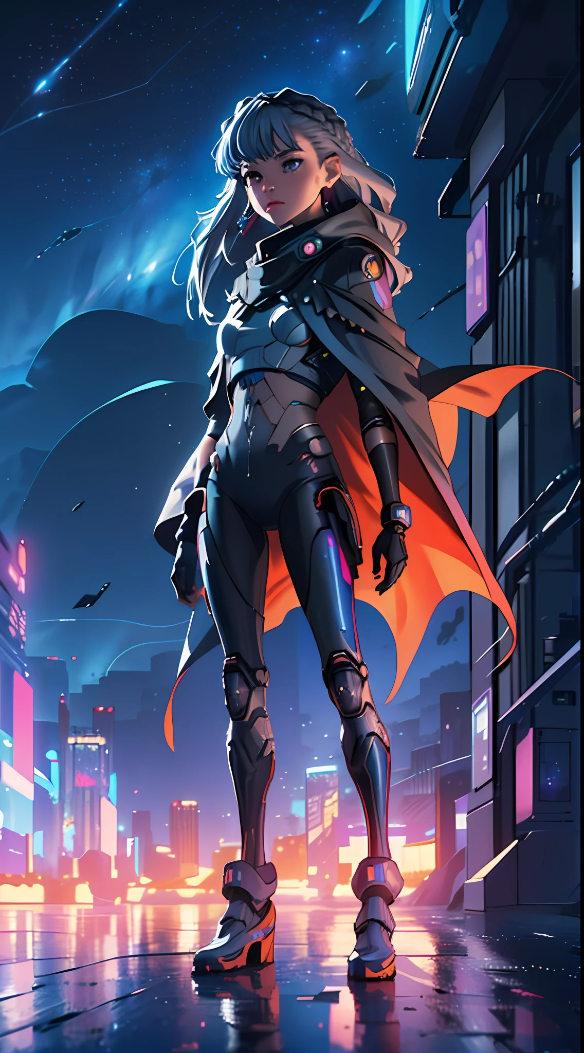 Masterpiece, best quality, 4k, cyborg female, starry sky, stars \ (sky\), cables instead of hair, slim legs, cape, long hair, gray hair, cyberpunk, depth of field, ray tracing, reflections