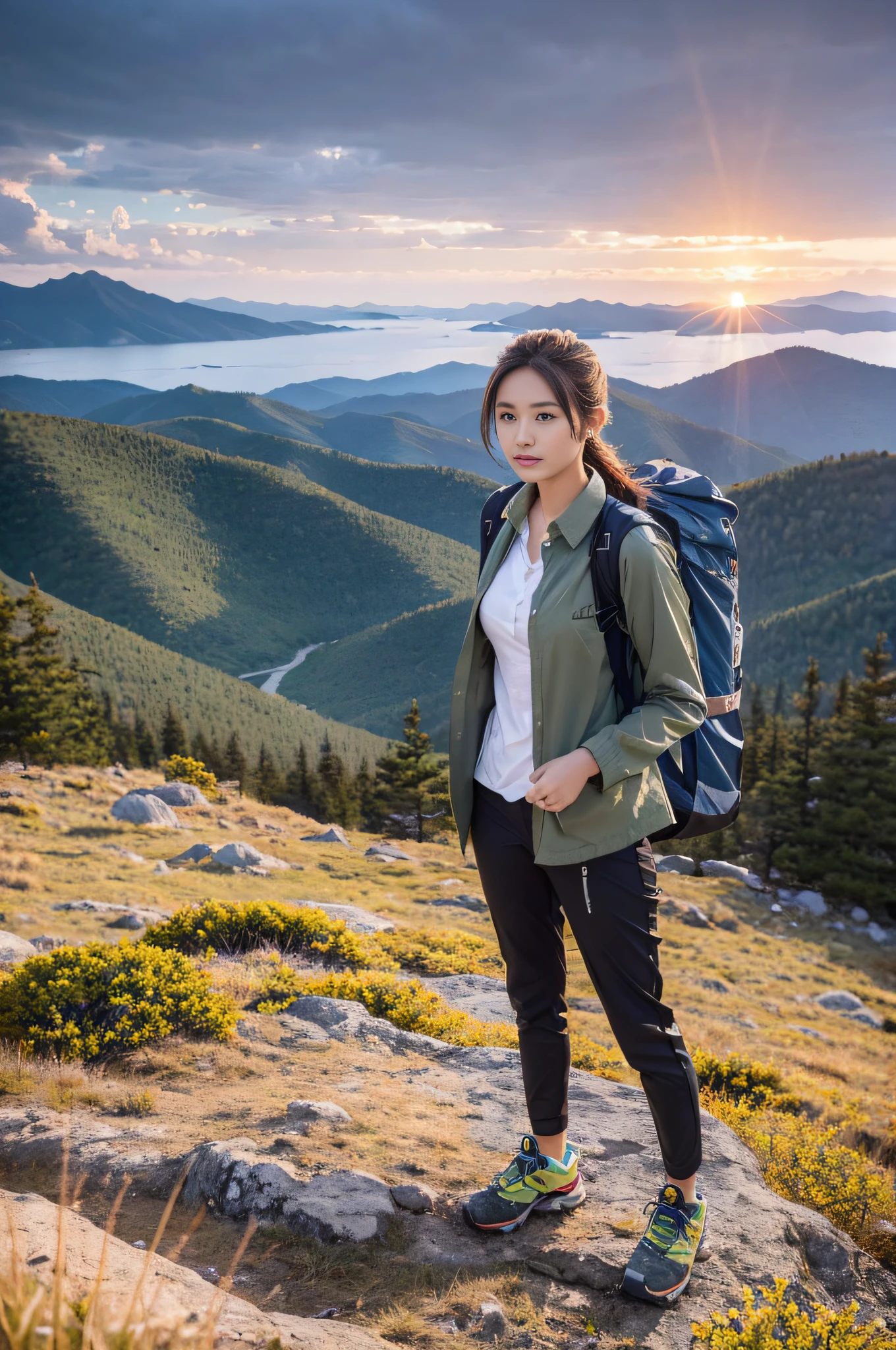 Tent for 1 person: 1.37, (masterpiece, best quality, 8K wallpaper, high resolution, ultra-realistic scenery, photorealistic: 1.37), 1girl, solo, 18 years old, pretty Japan woman, looking at viewer, standing, open arms, realistic face, glossy skin, angle a little far away, slender figure: 1.1, black eyes, (hiking pants, Loose wearing a collared shirt with unbuttoned outerwear, shirt hem out of pants: 1.37), carrying a backpack: 1.2, mountain girl style, likes climbing, mountaineer, beautiful sunset on background, trekking shoes, detailed face, detailed eyes, detailed nose, detailed mouth, holding SLR camera in hand