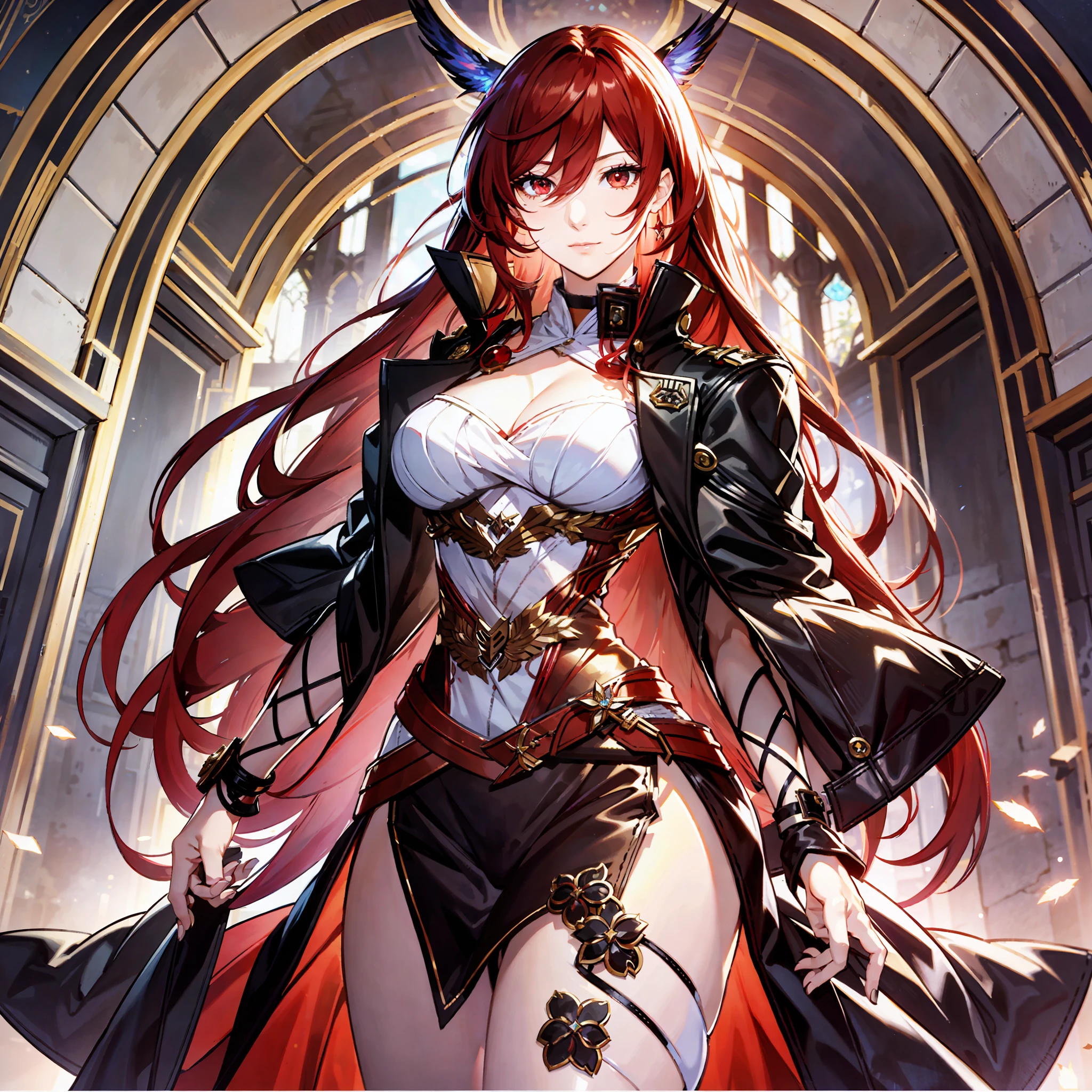 masterpiece, best quality, 1woman, adult, female focus, solo, long red hair, vibrant red eyes, looking at viewer, closed mouth, bangs, Fantasy aesthetics, Highly detailed, shadowverse style, leather coat, full body