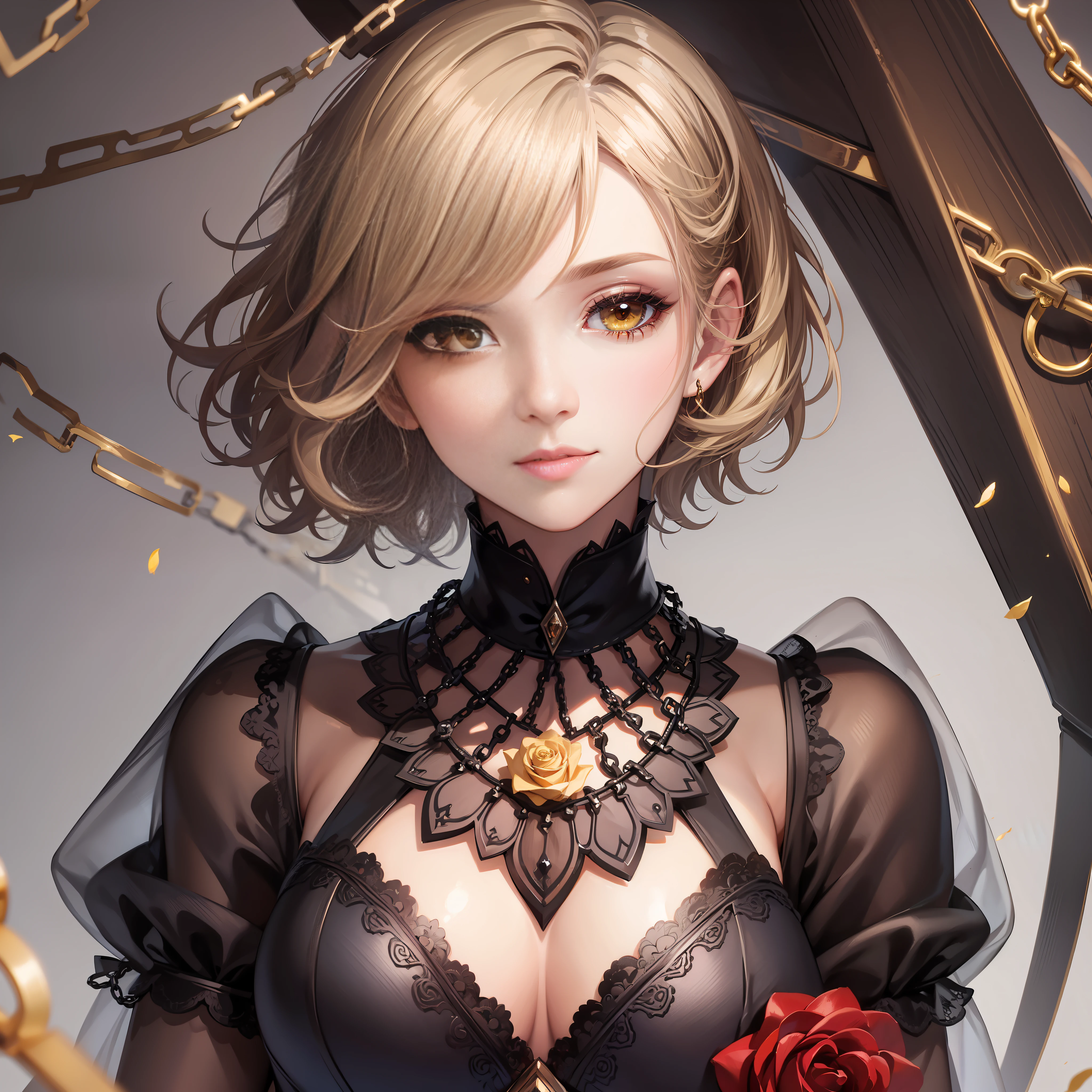 Masterpiece, best quality, super detailed, illustration, close-up, direct, 1girl, short hair, yellow eyes, red rose, chains