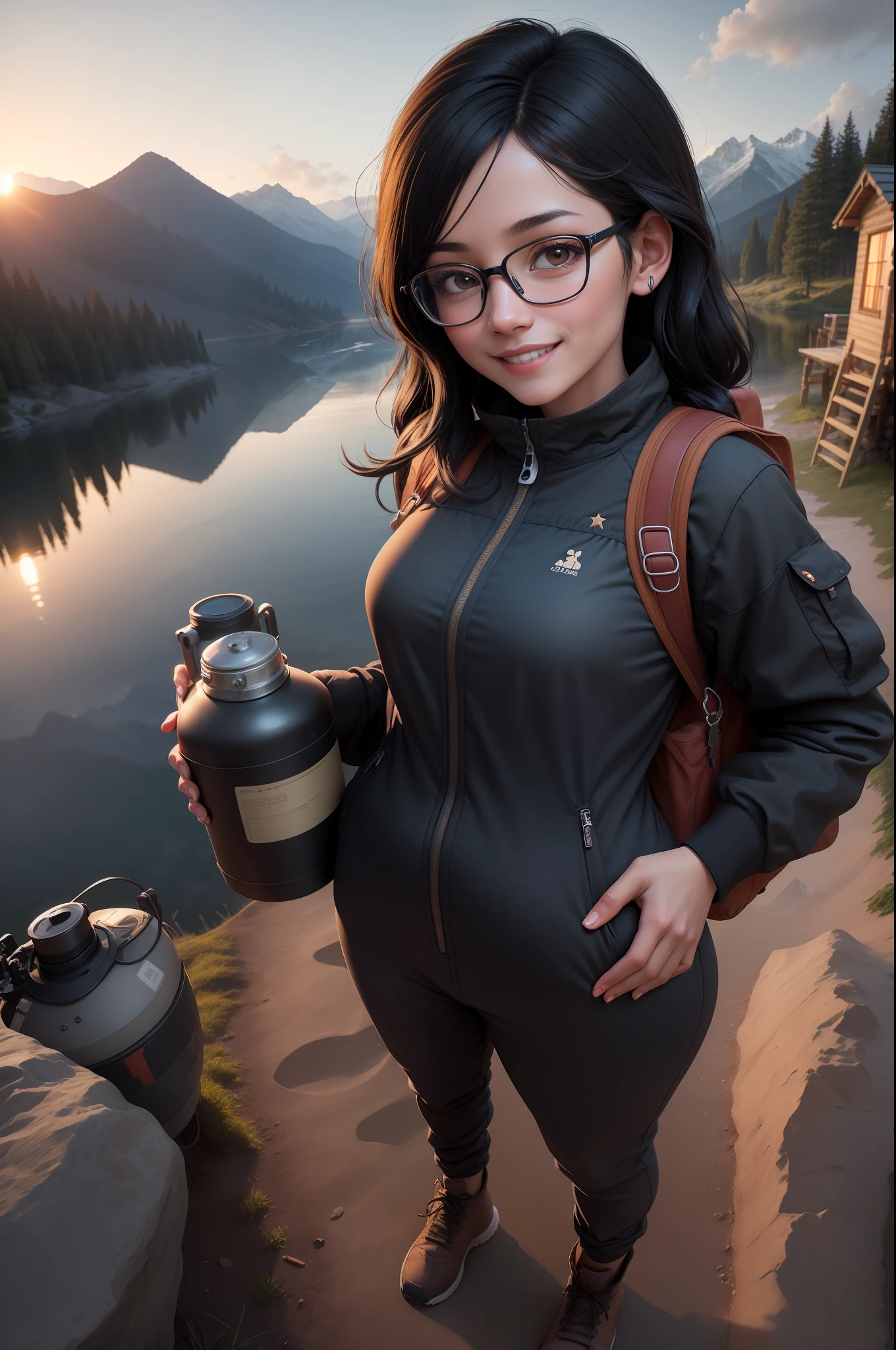 1 woman, black hair, ((full body, smiling, glasses on head,happy,)), masterpiece, best quality, perfect eyes, perfect hands, perfect legs, ultra-detailed, solo, outdoor, (sunset), mountains, nature, (stars, cloud) cheerful, happy, backpack, sleeping bag, camping stove, water bottle,tennis, gloves,lantern, forest, stones, river, wood, smoke, shadows, contrast, style, (warm hue, warm tone: 1.2), close-up, cinematic light, side lighting, ultra high resolution, best shade, RAW, glued jumpsuit, wooden house
