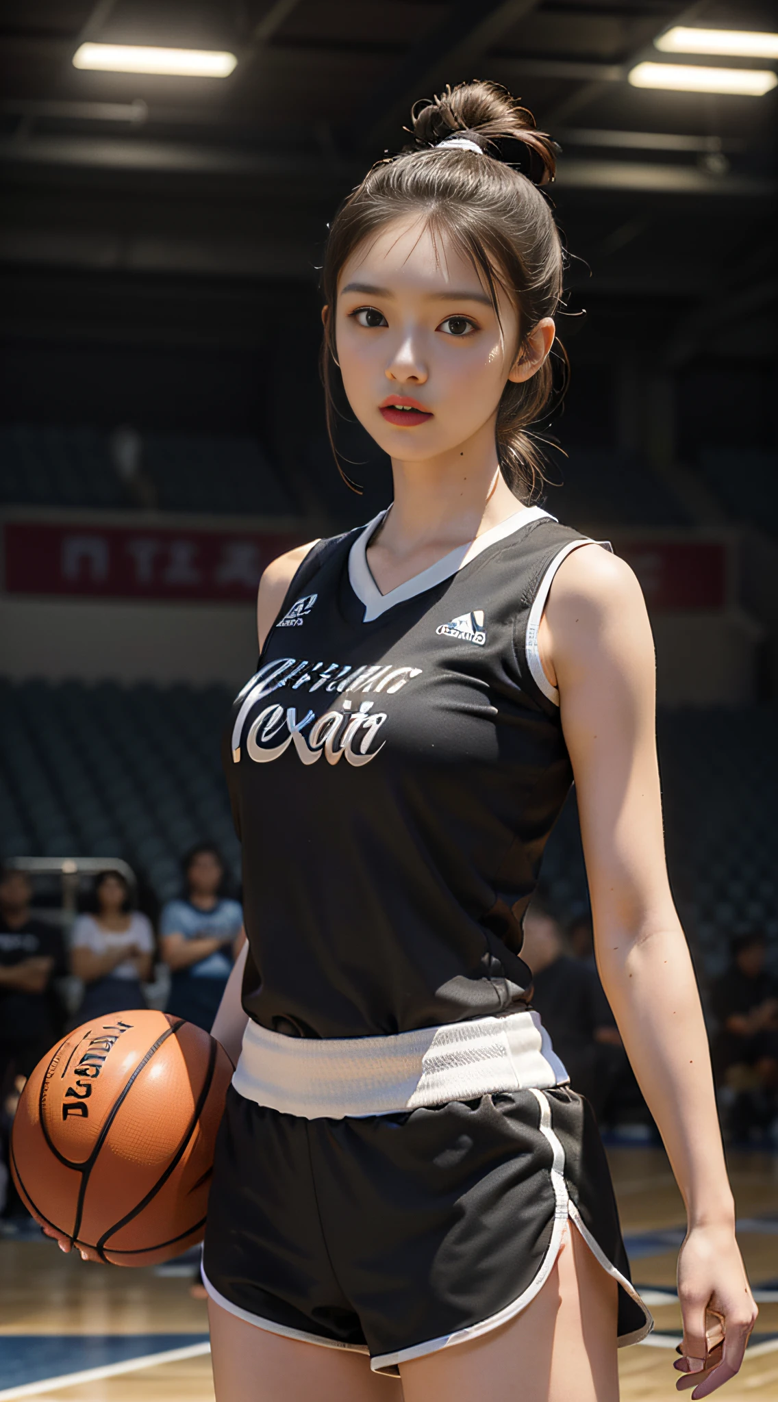 Best quality, (RAW photo: 1.2), (Masterpiece: 1.4), (Realistic: 1.4), (High resolution: 1.4), 1 girl, depth of field, basketball vest, basketball shorts, basketball court, sexy, frontal, sporty, intricate details, 8k, very detailed, perfect lighting, epic background, hand details