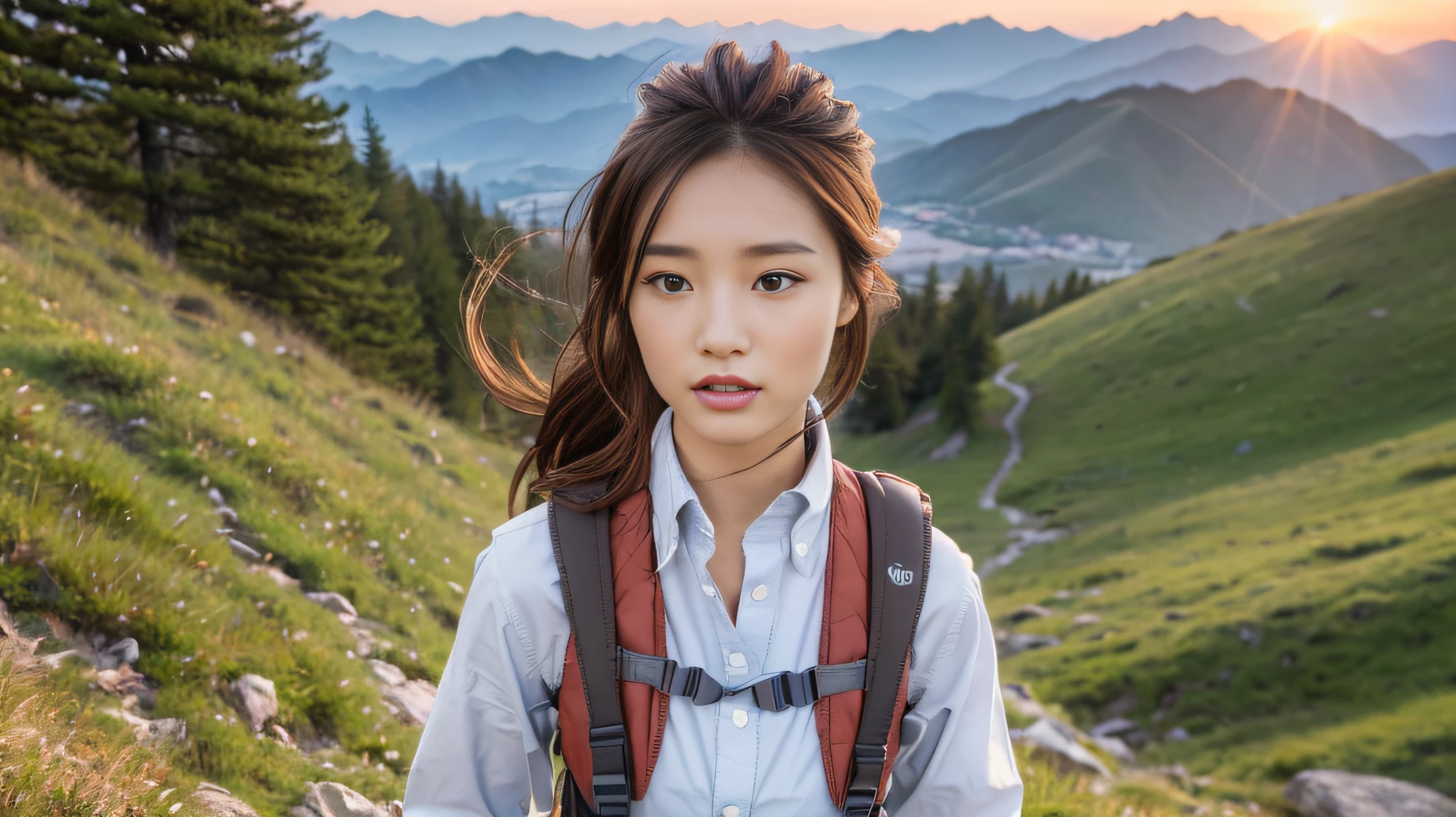 Tent for 1 person: 1.37, (masterpiece, best quality, 8K wallpaper, high resolution, photorealistic: 1.37), 1girl, solo, 18 years old, pretty Japan woman, looking at viewer, standing, open arms, realistic face, glossy skin, angle a little far away, slender figure: 1.1, black eyes, (hiking pants, Loose wearing a collared shirt with unbuttoned outerwear, shirt hem out of pants: 1.37), carrying a backpack: 1.2, mountain girl style, likes climbing, mountaineer, beautiful sunset on background, trekking shoes, detailed face, detailed eyes, detailed nose, detailed mouth, holding SLR camera in hand