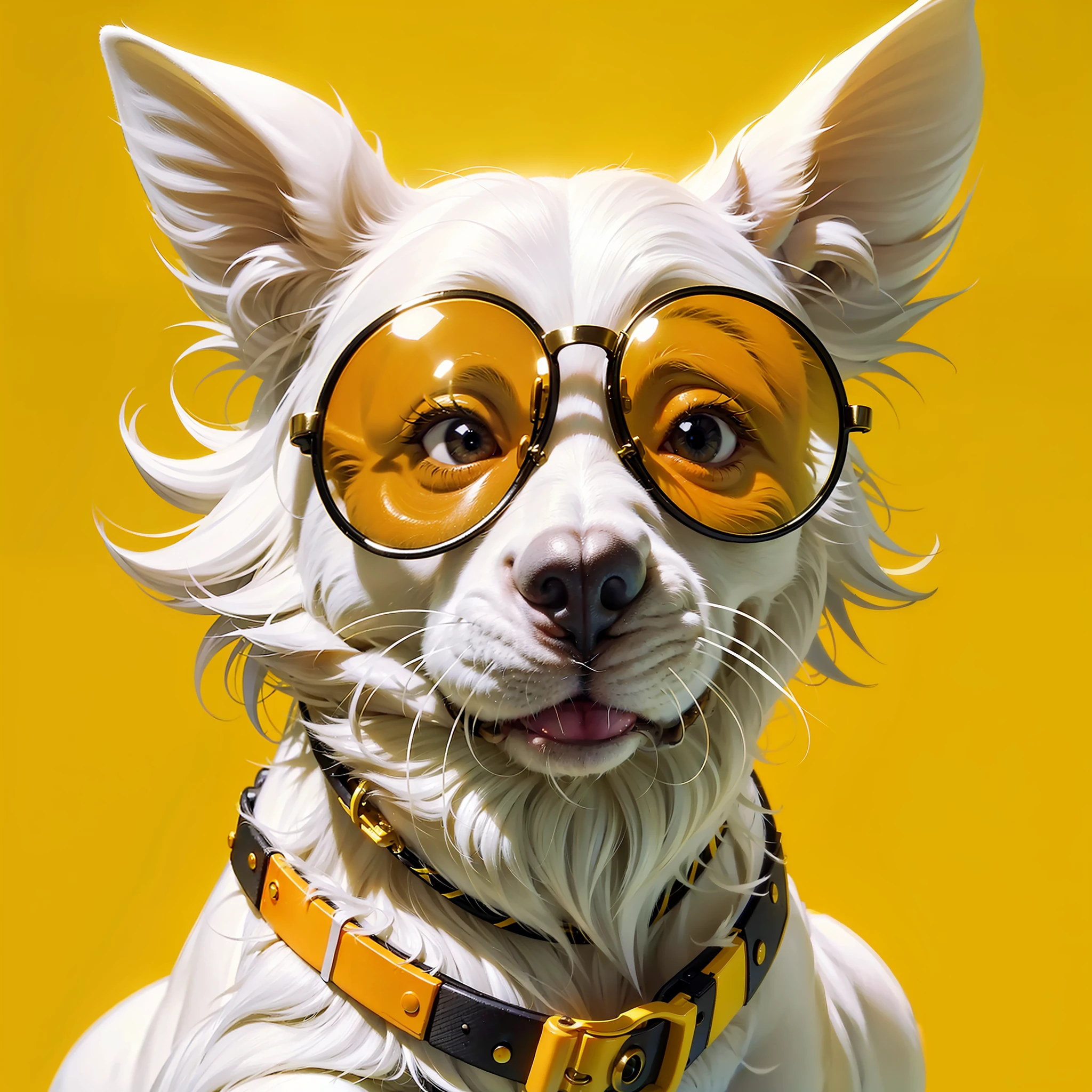 a white dog wearing trendy yellow sunglasses with yellow background