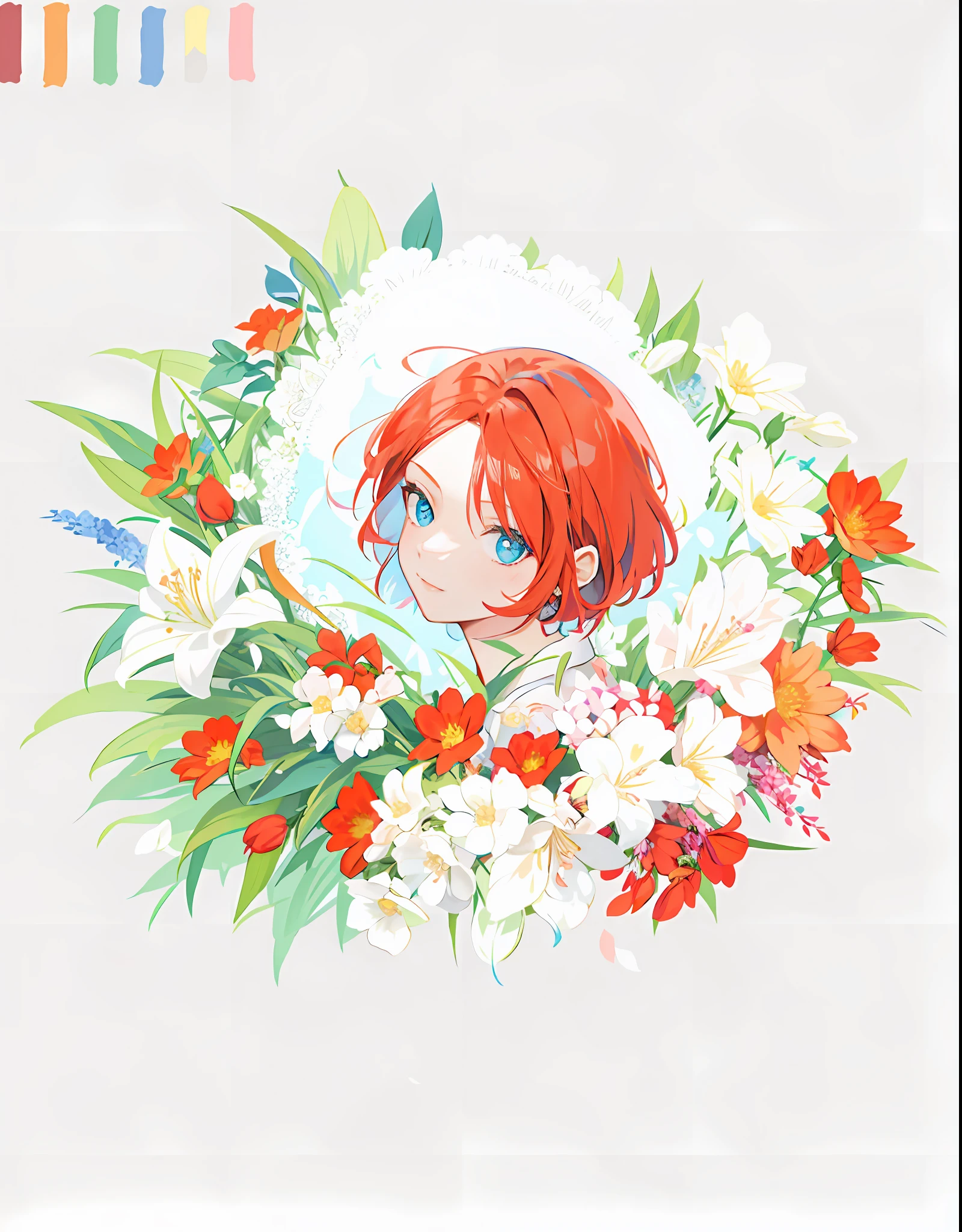 Redhead, girly, blue eyes, delicate facial features, grass, flowers, short hair, solid color background