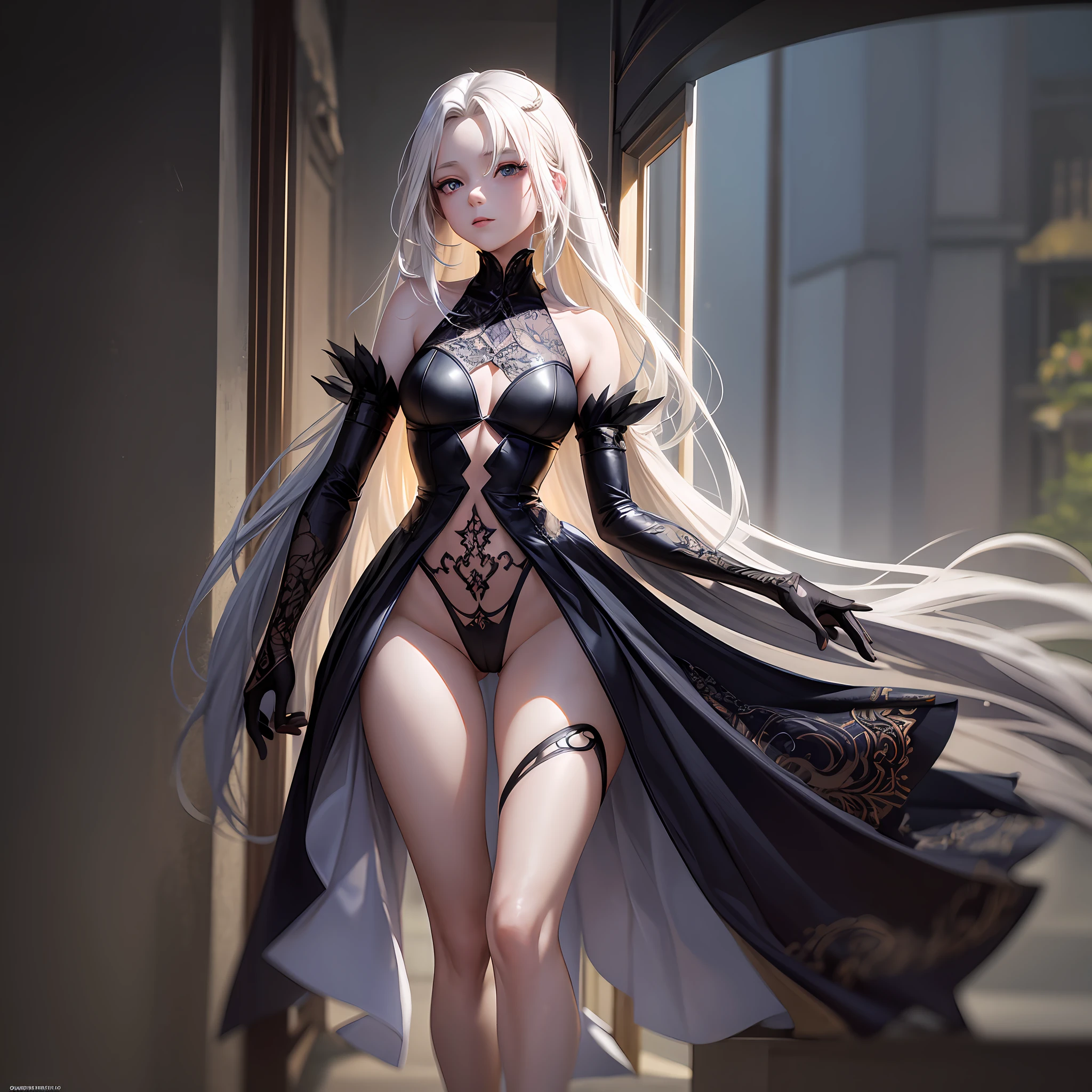 FS, an albino girl with perfect 10 features and long black Rapunzel-like hair, stands in a picturesque Avatar-like scene. Her body is graceful with a petite bust and slender legs. The girl looks stunning in a sheer organza dress with intricate designs. Her high-heeled shoes are elegant with golden patterns. The sunlight creates a subtle silhouette around her contours from the back, while soft and filling light illuminates her from the front. This scene has photorealistic qualities and is a concept art that creates a wow effect of:2. It can be found on the website 500px with hyper-superior details of:2. --auto --s2