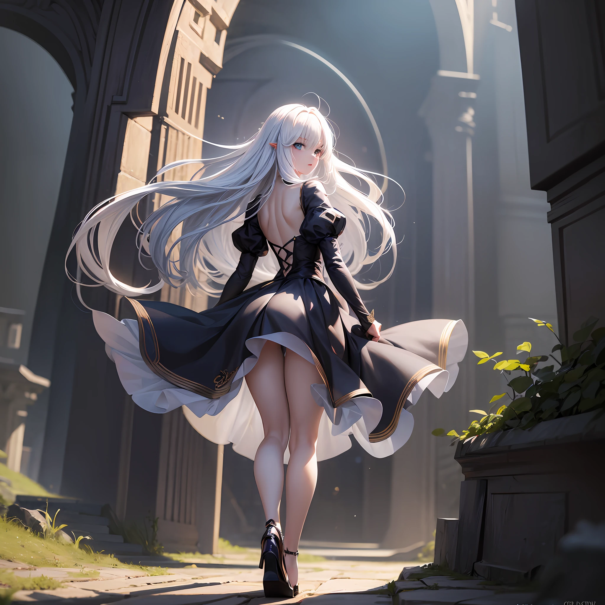 FS, an albino girl with perfect 10 features and long black Rapunzel-like hair, stands in a picturesque Avatar-like scene. Her body is graceful with a petite bust and slender legs. The girl looks stunning in a sheer organza dress with intricate designs. Her high-heeled shoes are elegant with golden patterns. The sunlight creates a subtle silhouette around her contours from the back, while soft and filling light illuminates her from the front. This scene has photorealistic qualities and is a concept art that creates a wow effect of:2. It can be found on the website 500px with hyper-superior details of:2. --auto --s2