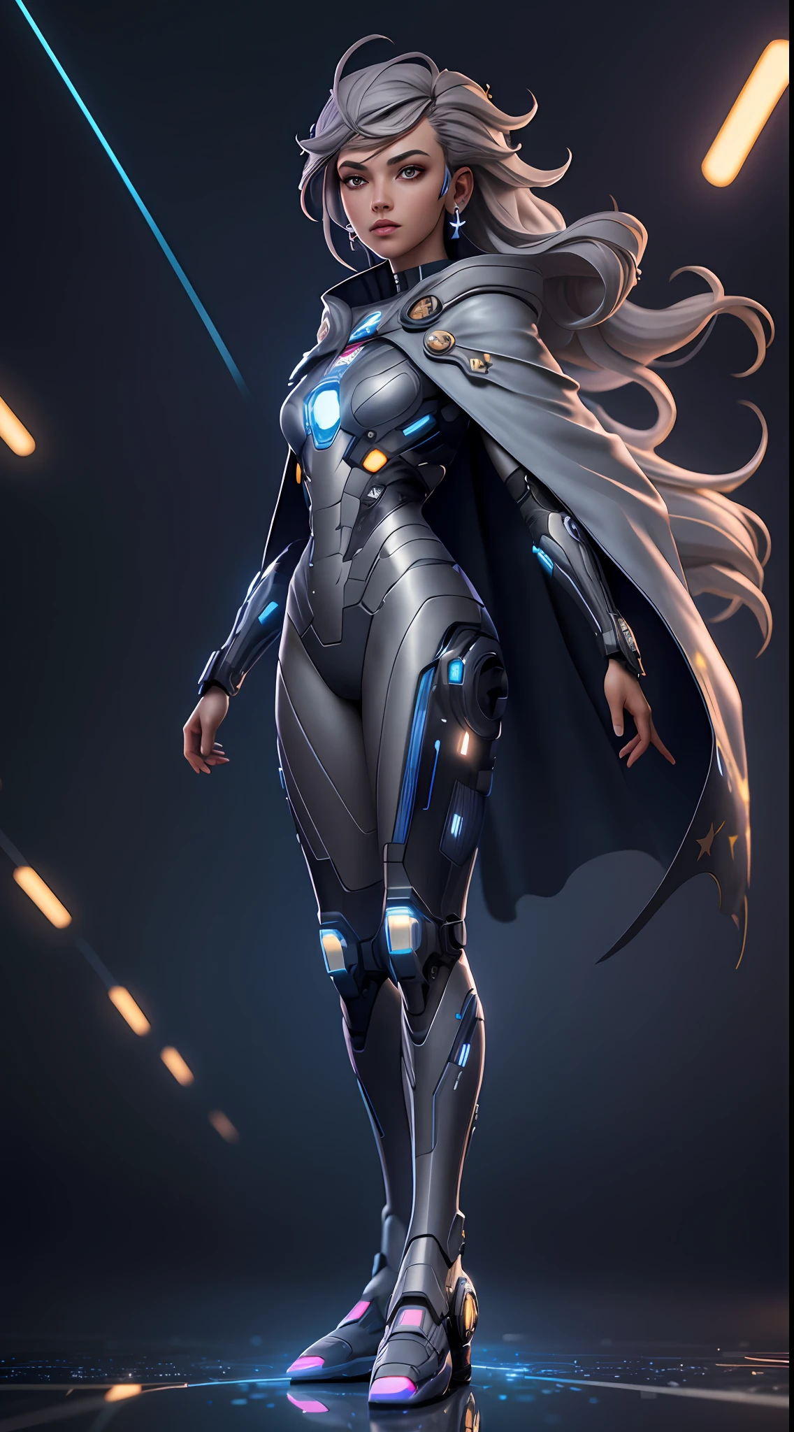 Masterpiece, best quality, 4k, cyborg female, starry sky, stars \ (sky\), cables instead of hair, slim legs, cape, long hair, gray hair, cyberpunk, depth of field, ray tracing, reflections