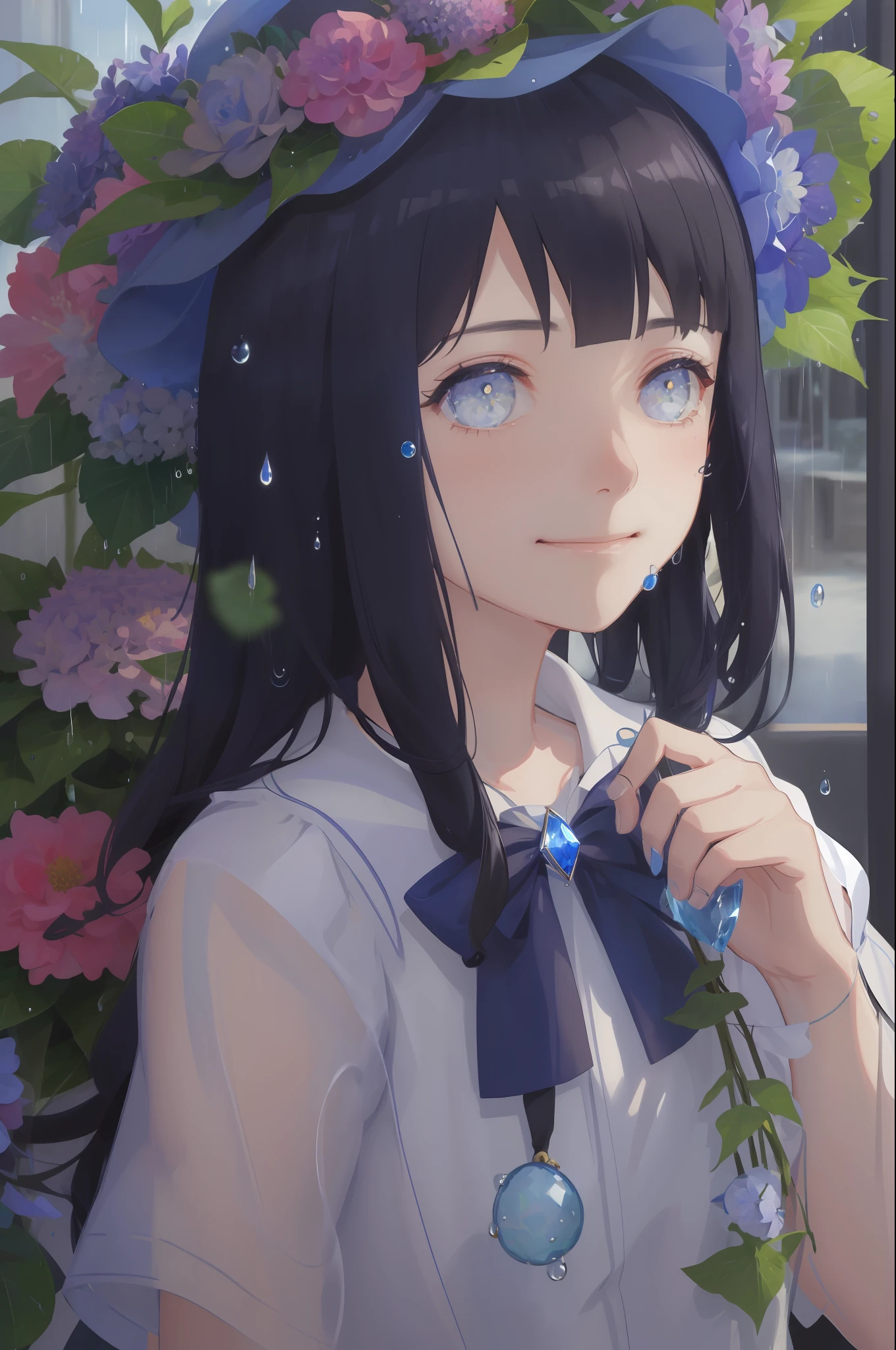 art by Cornflower, dreamy, (1girl, bangs, blue_flower, blue_ribbon, blue_rose, brooch, closed_mouth, flower, gem, hair_between_eyes, hat, hat_flower, hydrangea, jewelry, leaf, long_hair, looking_at_viewer, plant, rain, smile, solo, upper_body, water, water_drop, wet)