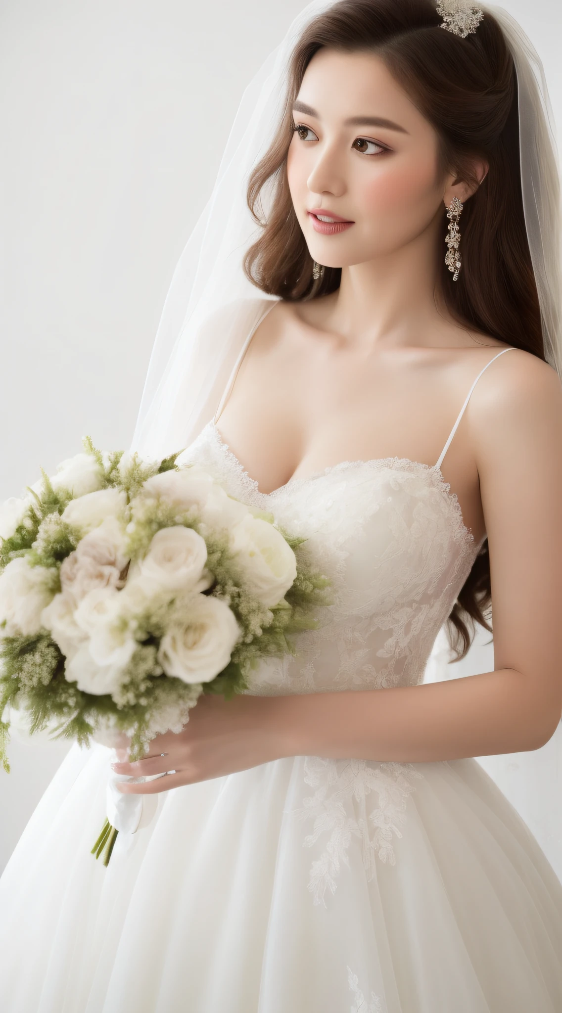 a close up of a woman in a wedding dress holding a bouquet, close up half body shot, beautiful gown, dressed beautiful gown, wearing organza gown, wearing long gown, romantic gown, ethereal details, white gown, sexy gown, clear curvy details, gown, accentuated feminine features, wearing a wedding dress, close up portrait shot, flowing gown