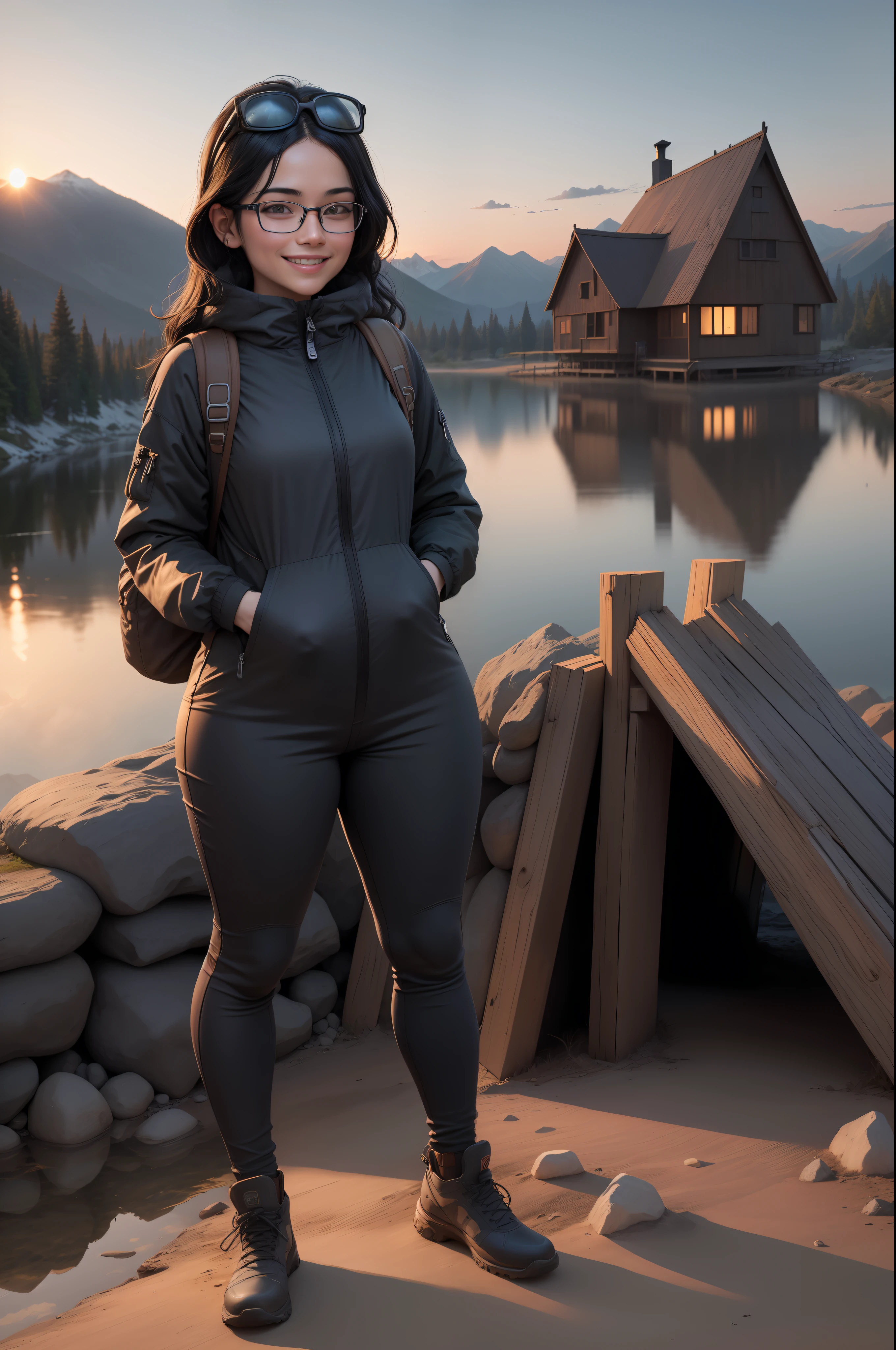 1 woman, black hair, ((full body, smiling, glasses on head,happy,)), masterpiece, best quality, perfect eyes, perfect hands, perfect legs, ultra-detailed, solo, outdoor, (sunset), mountains, nature, (stars, cloud) cheerful, happy, backpack, sleeping bag, camping stove, water bottle,tennis, gloves,lantern, forest, stones, river, wood, smoke, shadows, contrast, style, (warm hue, warm tone: 1.2), close-up, cinematic light, side lighting, ultra high resolution, best shade, RAW, glued jumpsuit, wooden house