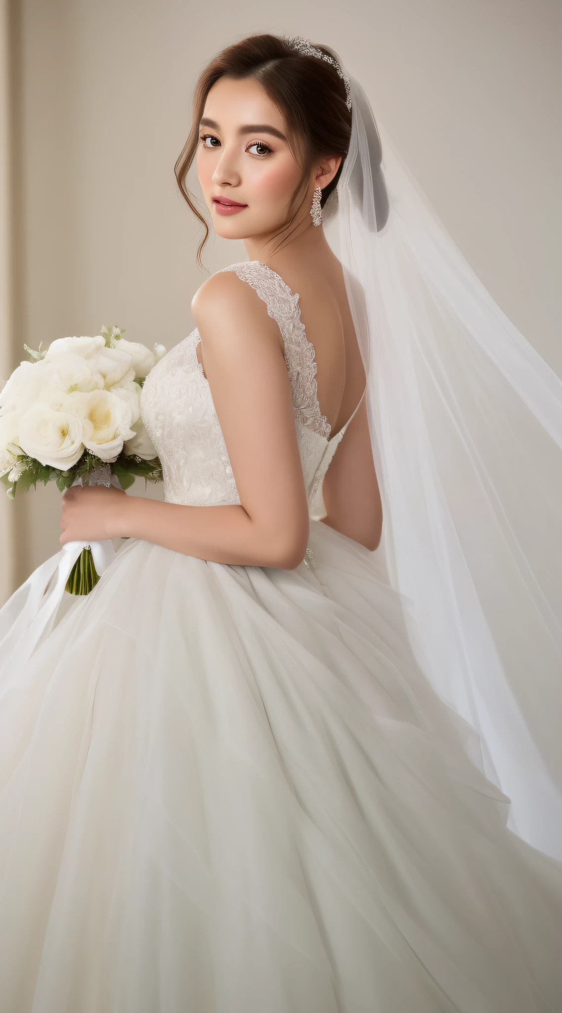 a close up of a woman in a wedding dress holding a bouquet, close up half body shot, beautiful gown, dressed beautiful gown, wearing organza gown, wearing long gown, romantic gown, ethereal details, white gown, sexy gown, clear curvy details, gown, accentuated feminine features, wearing a wedding dress, close up portrait shot, flowing gown