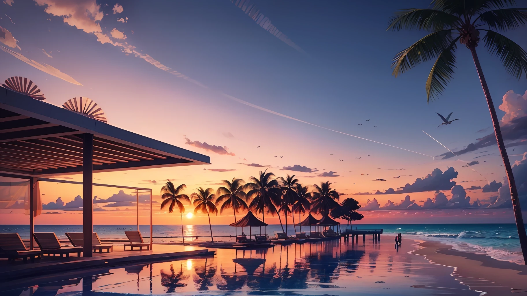 An absolutely mesmerizing sunset on the beach, with a mix of orange, pink, and yellow in the sky. The water is crystal clear, gently kisses the coast, and the white sand is endless. The scene is dynamic and breathtaking, with seagulls soaring high in the sky and palm trees swaying softly. Immerse yourself in the calm atmosphere and let the serenity surround you. --auto --s2