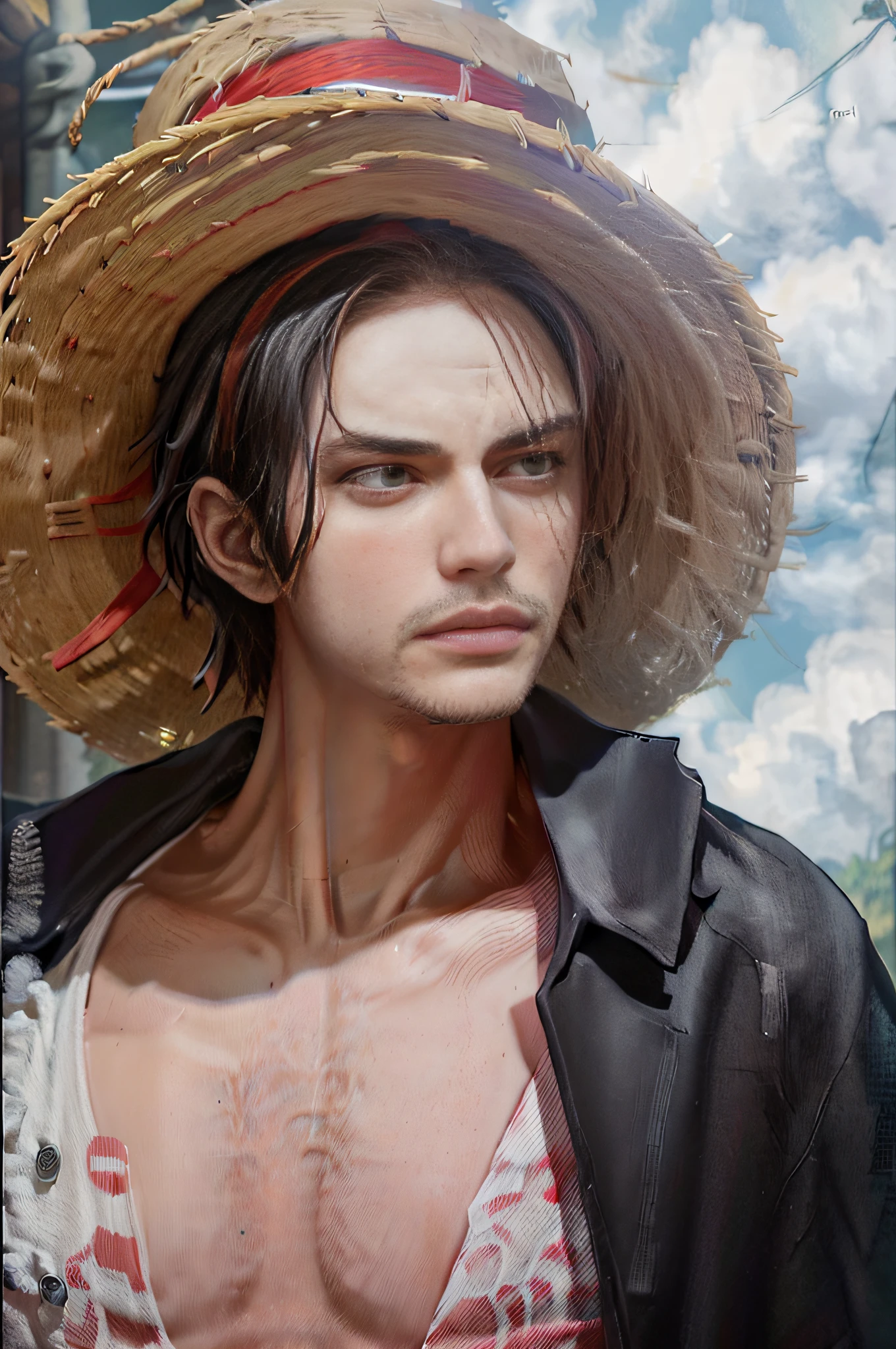 (((masterpiece+best quality+high resolution+ultra-detailed))), shanks\(one piece\), high nose, sharp eyes, noble and inviolable temperament, (([male]: 1.2 + [handsome]: 1.2 + black hair: 1.2)), fire background, (one piece),  red hair, straw hat, scar on face, dynamic angle and posture.