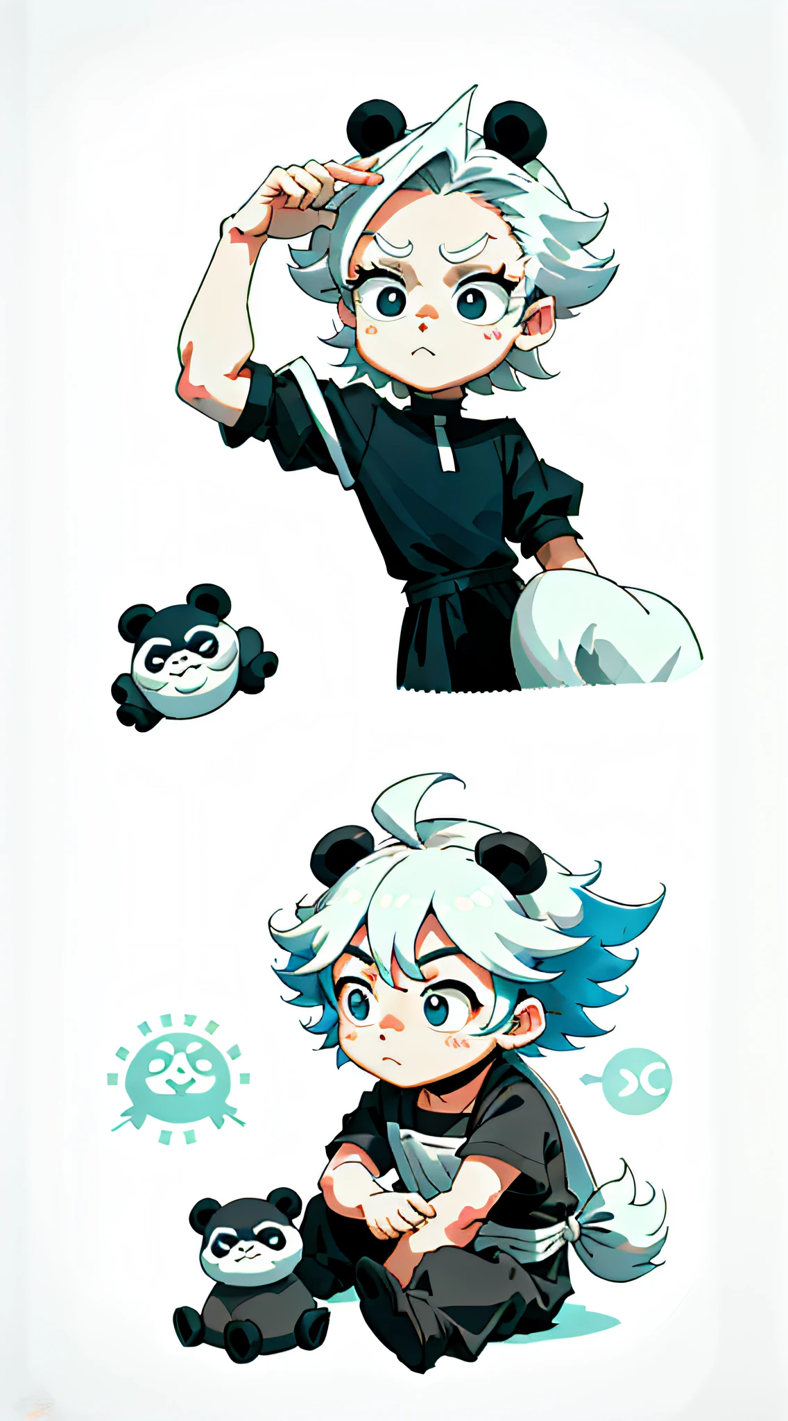 Wallpaper, phone wallpaper, Daily wallpaper, Q version, Anime hand-drawn, anime characters, Three heads, (Boys: 2), (Panda: 1), (Hand-drawn style: 1.5), (Simple line: 1.5), (Boy sitting panda: 1.5), white hair, maid headdress, wide eyes, fox ears, bright pupils, anime, blind box toy style, perspective, Eye-Level Shot, UHD, retina, masterpiece, ccurate, textured skin, super detail, best quality, highres, HD, 4K, 8k