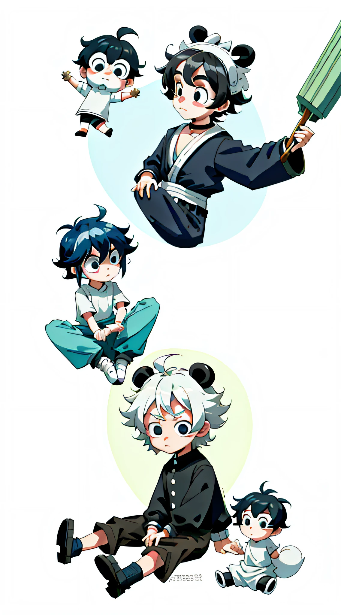 Wallpaper, phone wallpaper, Daily wallpaper, Q version, Anime hand-drawn, anime characters, Three heads, (Boys: 2), (Panda: 1), (Hand-drawn style: 1.5), (Simple line: 1.5), (Boy sitting panda: 1.5), white hair, maid headdress, wide eyes, fox ears, bright pupils, anime, blind box toy style, perspective, Eye-Level Shot, UHD, retina, masterpiece, ccurate, textured skin, super detail, best quality, highres, HD, 4K, 8k
