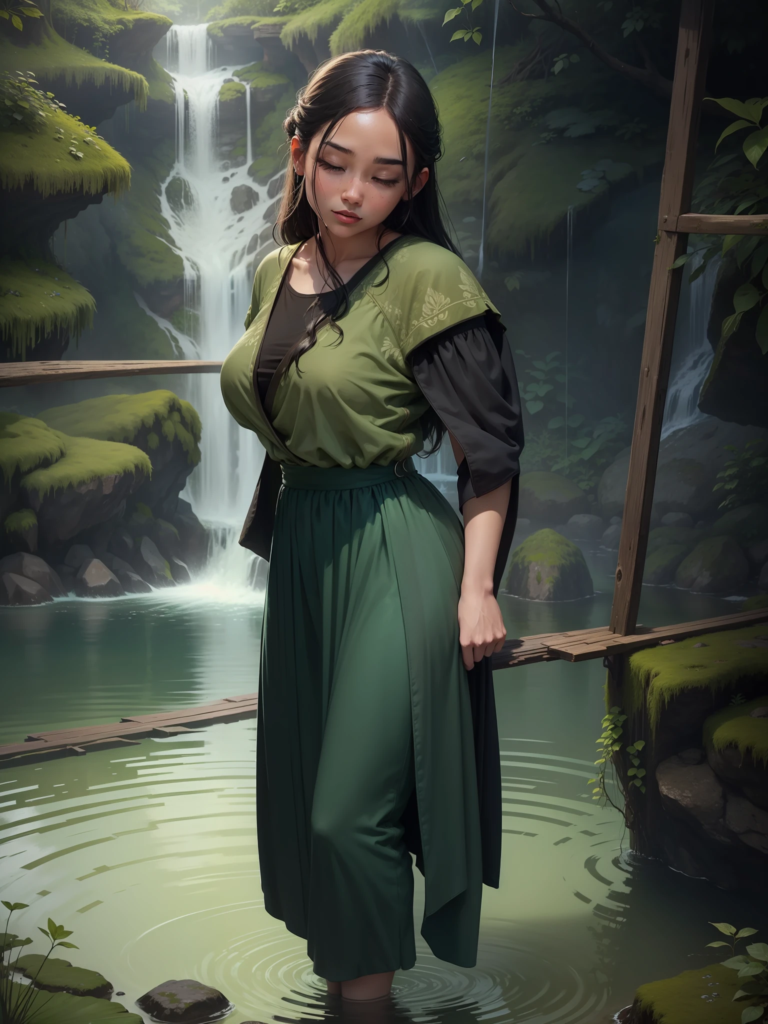 A small waterfall cascading into a tranquil lagoon, surrounded by mossy rocks and lush vegetation, with a narrow wooden bridge arching over the water --auto --s2