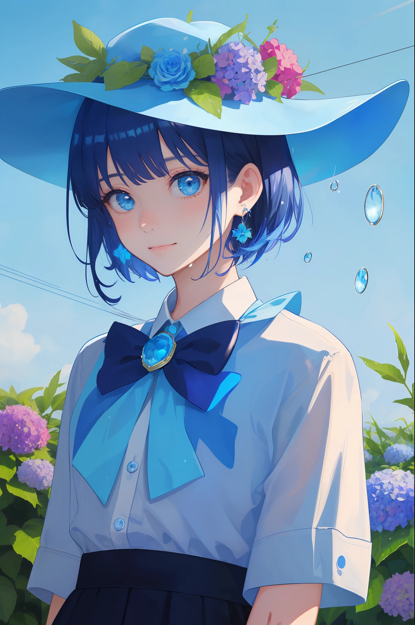 art by Cornflower, dreamy, (1girl, bangs, blue_flower, blue_ribbon, blue_rose, brooch, closed_mouth, flower, gem, blunt bangs, hat, hat_flower, hydrangea, jewelry, leaf, short_hair, looking_at_viewer, plant, rain, smile, solo, upper_body, water, water_drop, wet), dark blue hair