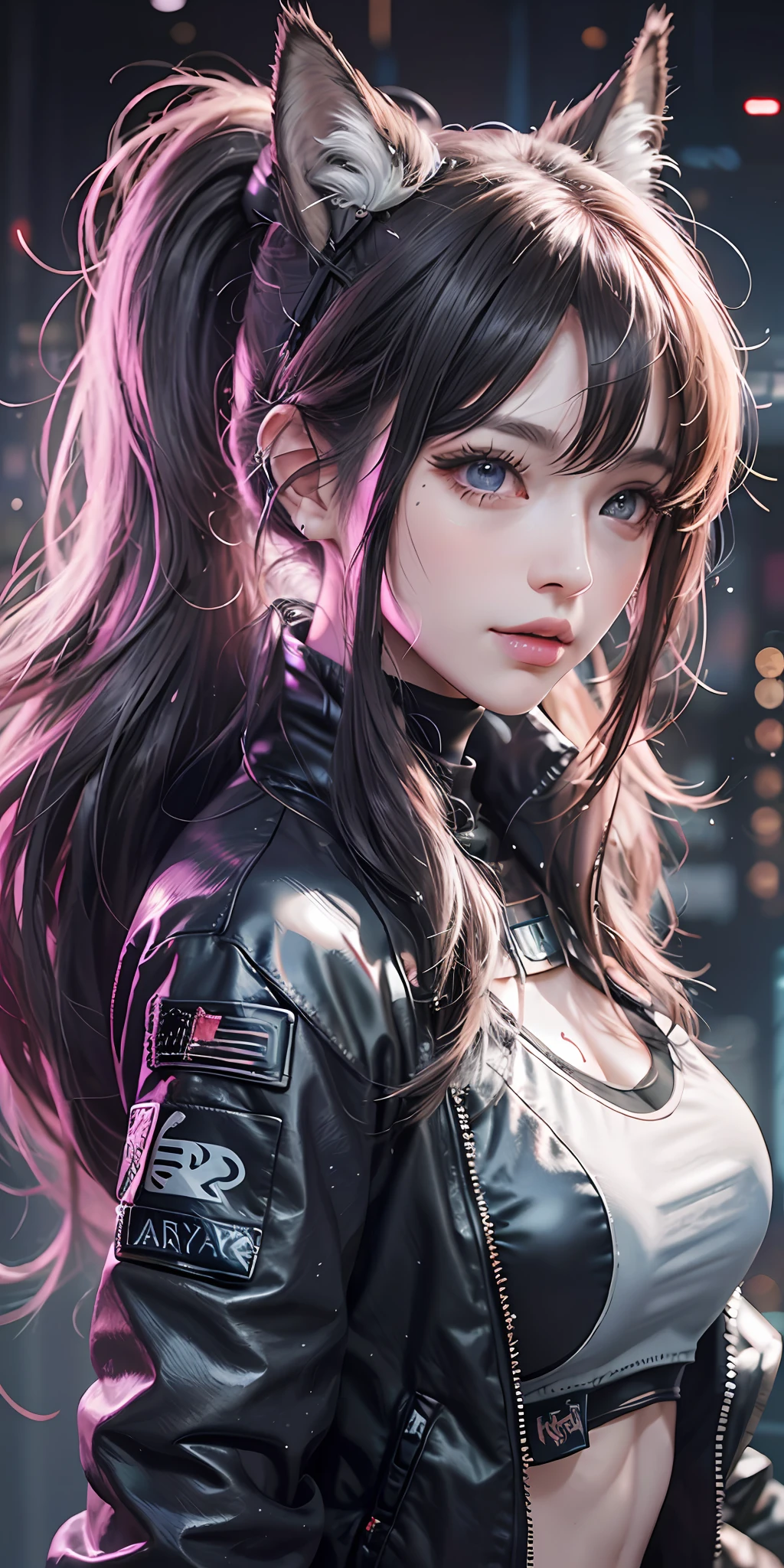 Cute girl, fox ears, long eyelashes, beautiful and detailed eyes, ponytail, bangs, wavy hair, messy hair, sci-fi style, cyberpunk clothes, final fantasy style, illusion 2.5D, bust