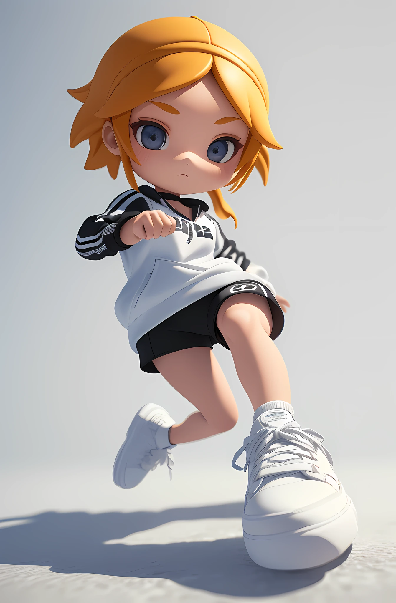 Girl skateboarding, sportswear, cool look, ((best quality), ((masterpiece)), ( extreme detail, highest detail, official art, beauty and aesthetics:1.2), depth of field, composition, full body, (chibi), white background, 3D clay rendering.
