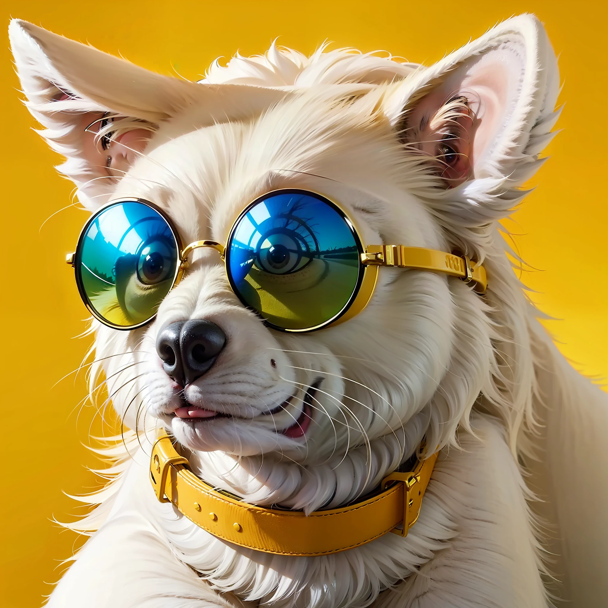 a white dog wearing  trendy yellow sunglasses with yellow background