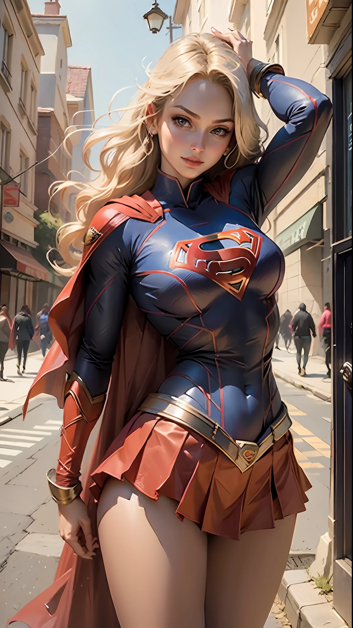 Beautiful woman heroine pose, costume Supergirl clothes glued together, body set hair in the wind