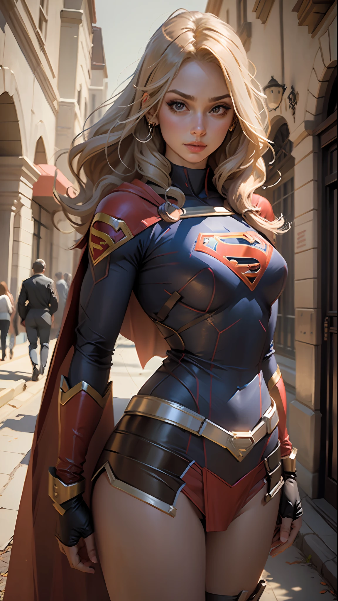 Beautiful woman heroine pose, costume Supergirl clothes glued together, body set hair in the wind