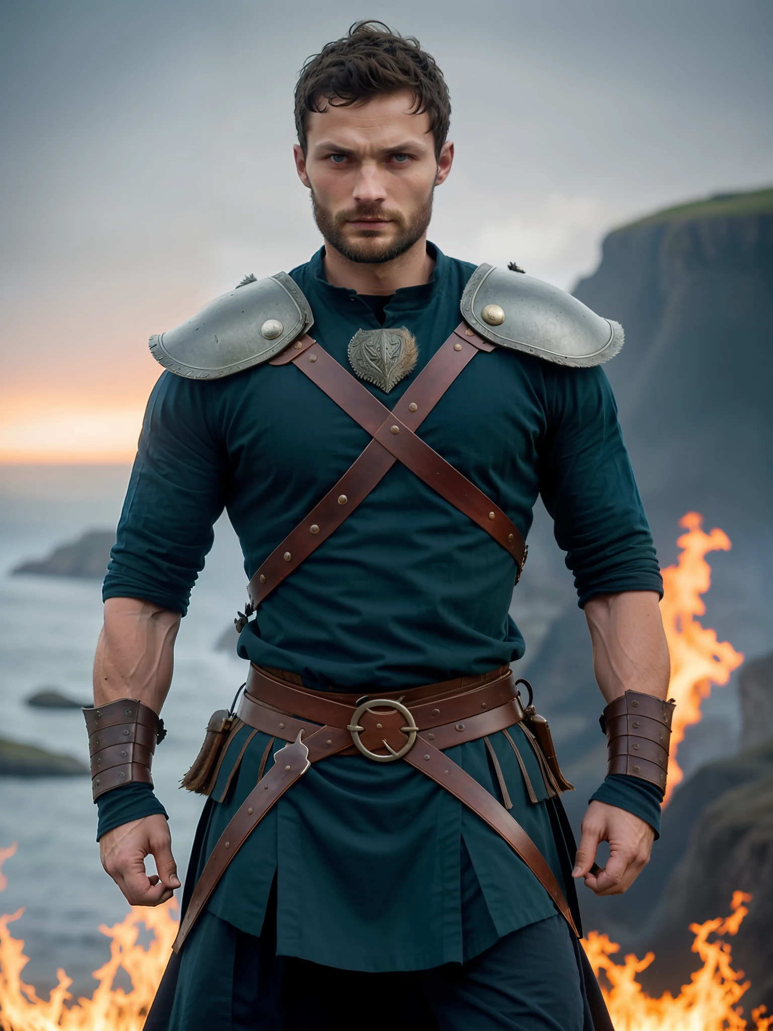 Create a fierce Viking warrior, wearing dark blue tunic, Jamie Dornan, very handsome and attractive, strong and muscular, short dark hair, tan, dark beard, 8k resolution, best quality, similar to actor Jamie Dornan, standing in front of a burning village, cliffs, close up, attack pose and attitude.