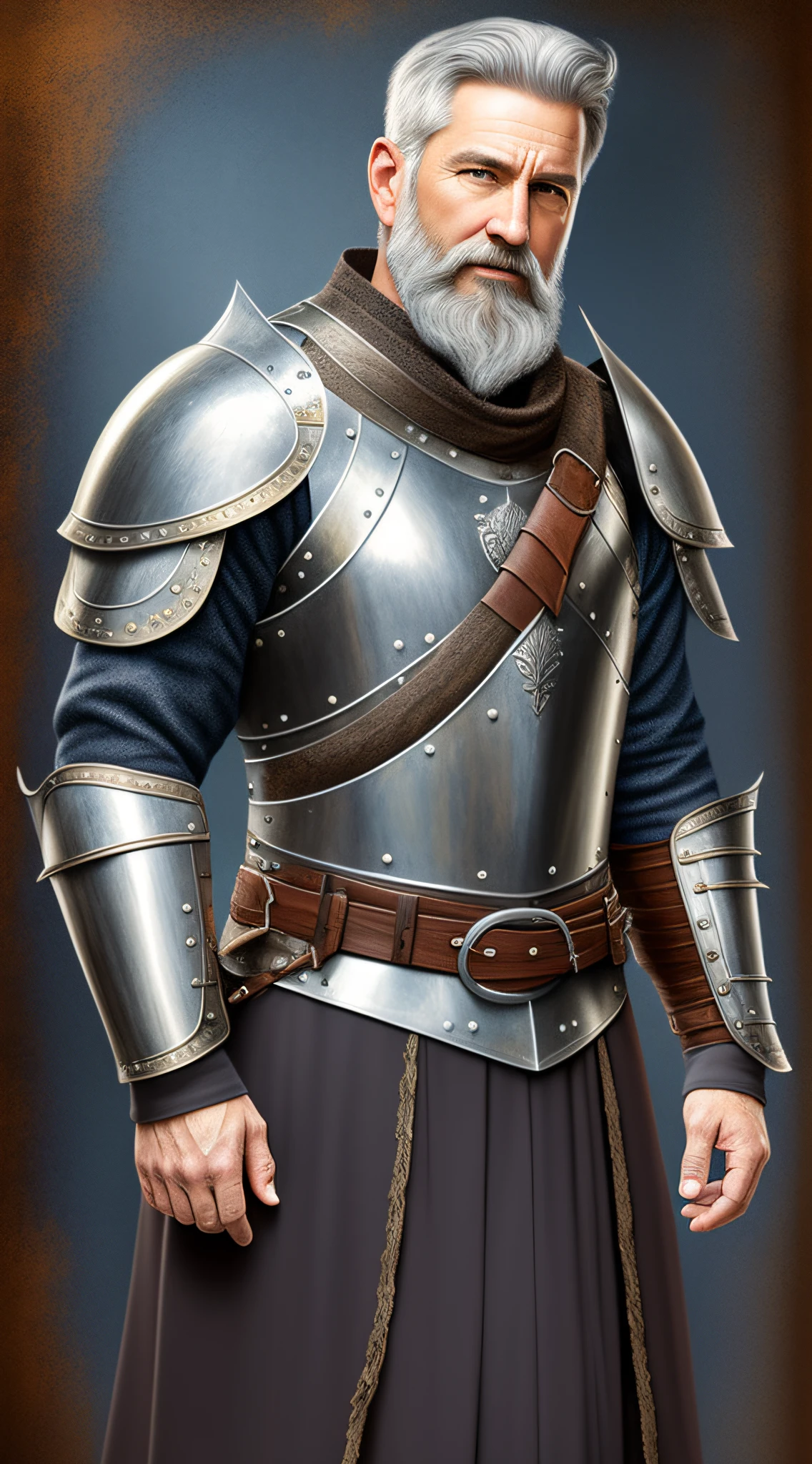 (realistic oil art, image up to the waist, 40-year-old man, British, gray hair, long beard, gray beard), plate armor, tunic, medieval clothing, blue, black, brown, utility belt, critical camera, blurred background, warm light, more details in clothing, strong leftovers, guard pose