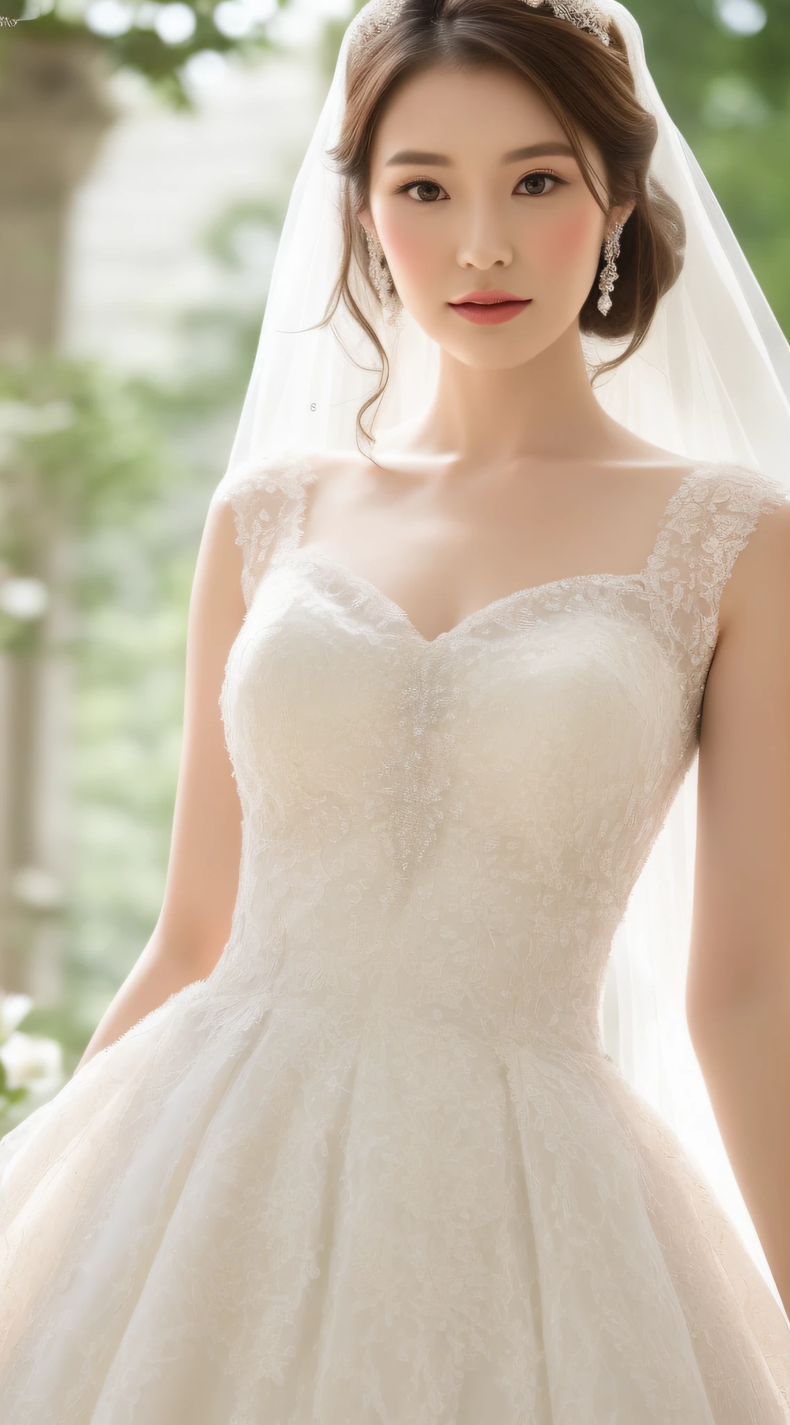 Close up of a woman in a wedding dress, close-up bust, beautiful dress, wearing a beautiful dress, wearing a long dress, romantic dress, ethereal details, white dress, sexy dress, clear curved details, dress, highlighting feminine features, wearing a wedding dress, close-up portrait shot, flowing dress