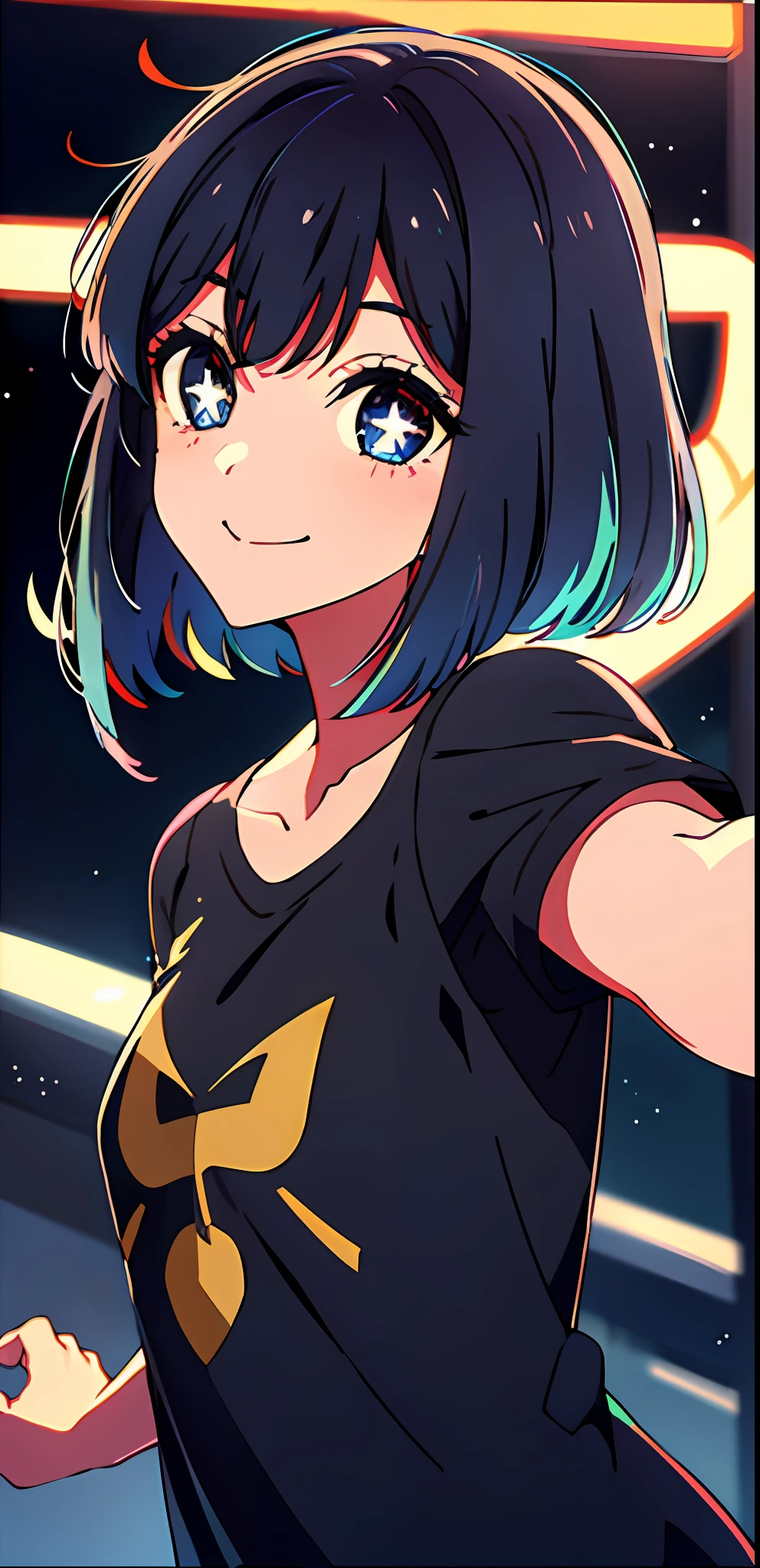 kurokawaakane\(1zgame\),1girl, solo,stage,looking at viewer,8k, beautiful lighting,symbol-shaped_pupils, sparkling_eyes, star-shaped_pupils, star_(symbol), selfie, smiling mouth open, black shirt, full body