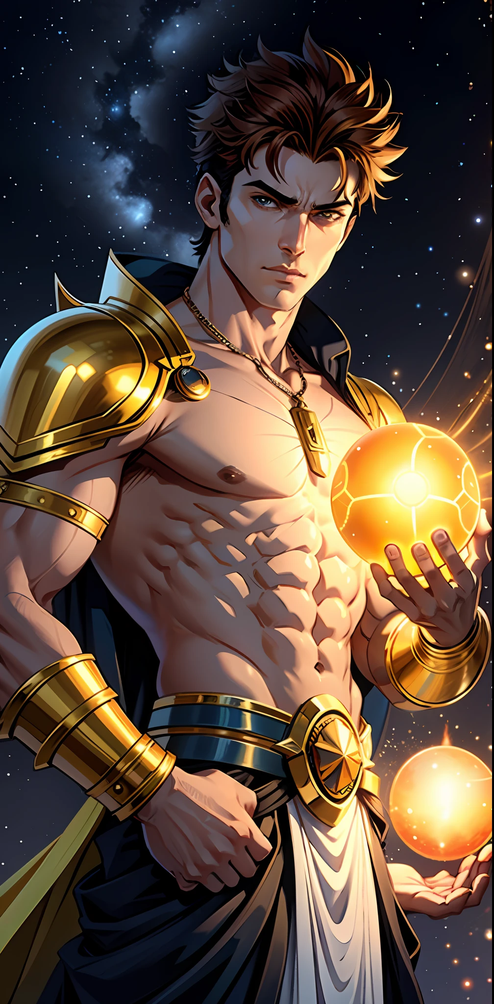 (realistic), A closeup of a man holding a yellow ball in his hand, neutral expression, sun god, an epic anime of an energy man, skinny male fantasy alchemist, brown-haired deity, attractive male deity, male demon djinn man, , male djinn man hybrid demon, white background, stars, strong man, solo