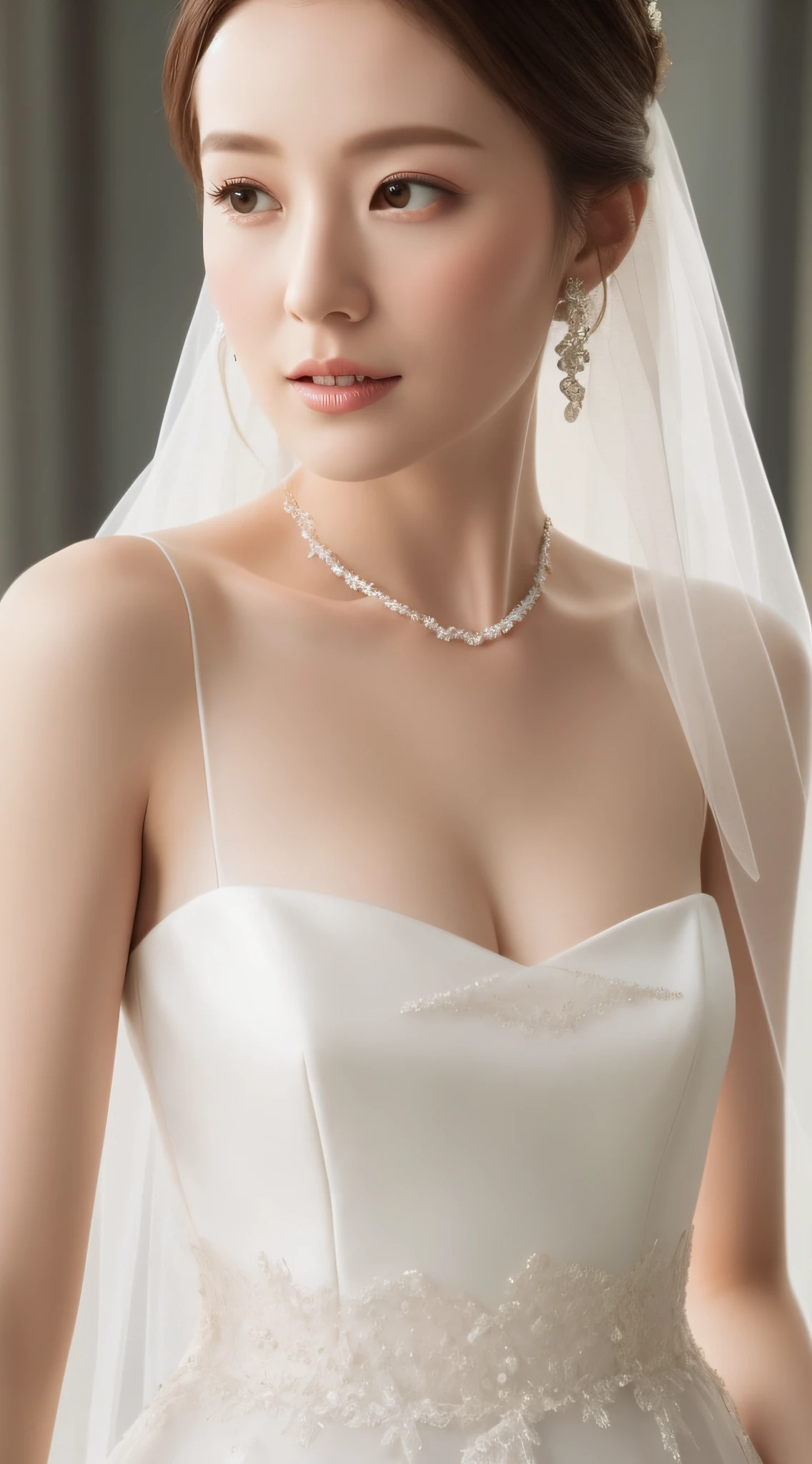 Close up of a woman in a wedding dress, close-up bust, beautiful dress, wearing a beautiful dress, wearing a long dress, romantic dress, ethereal details, white dress, sexy dress, clear curved details, dress, highlighting feminine features, wearing a wedding dress, close-up portrait shot, flowing dress