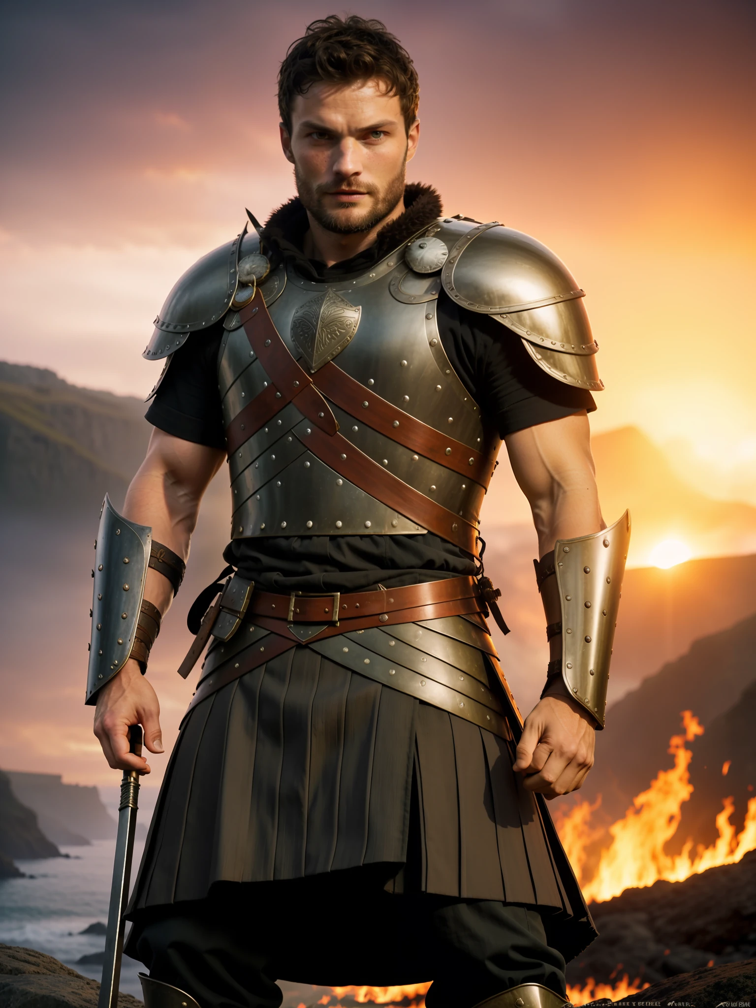 Create a fierce Viking warrior, wearing armor, Jamie Dornan, very handsome and attractive, strong and muscular, short dark hair, tan, dark beard, 8k resolution, best quality, similar to actor Jamie Dornan, standing in front of a burning village, cliffs, close up, attack pose and attitude.