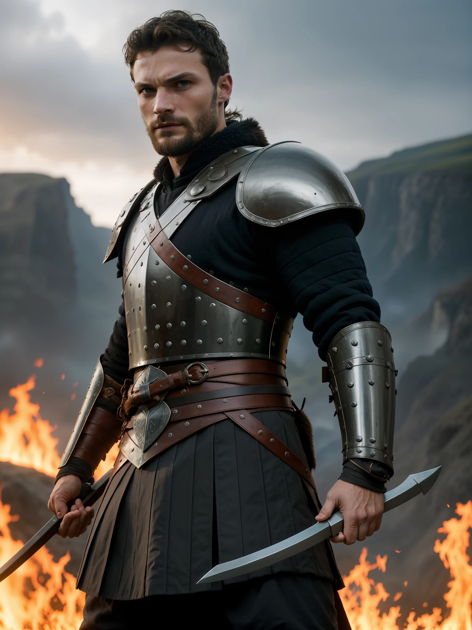 Create a fierce Viking warrior, wearing armor, Jamie Dornan, very handsome and attractive, strong and muscular, short dark hair, tan, dark beard, 8k resolution, best quality, similar to actor Jamie Dornan, standing in front of a burning village, cliffs, close up, attack pose and attitude.