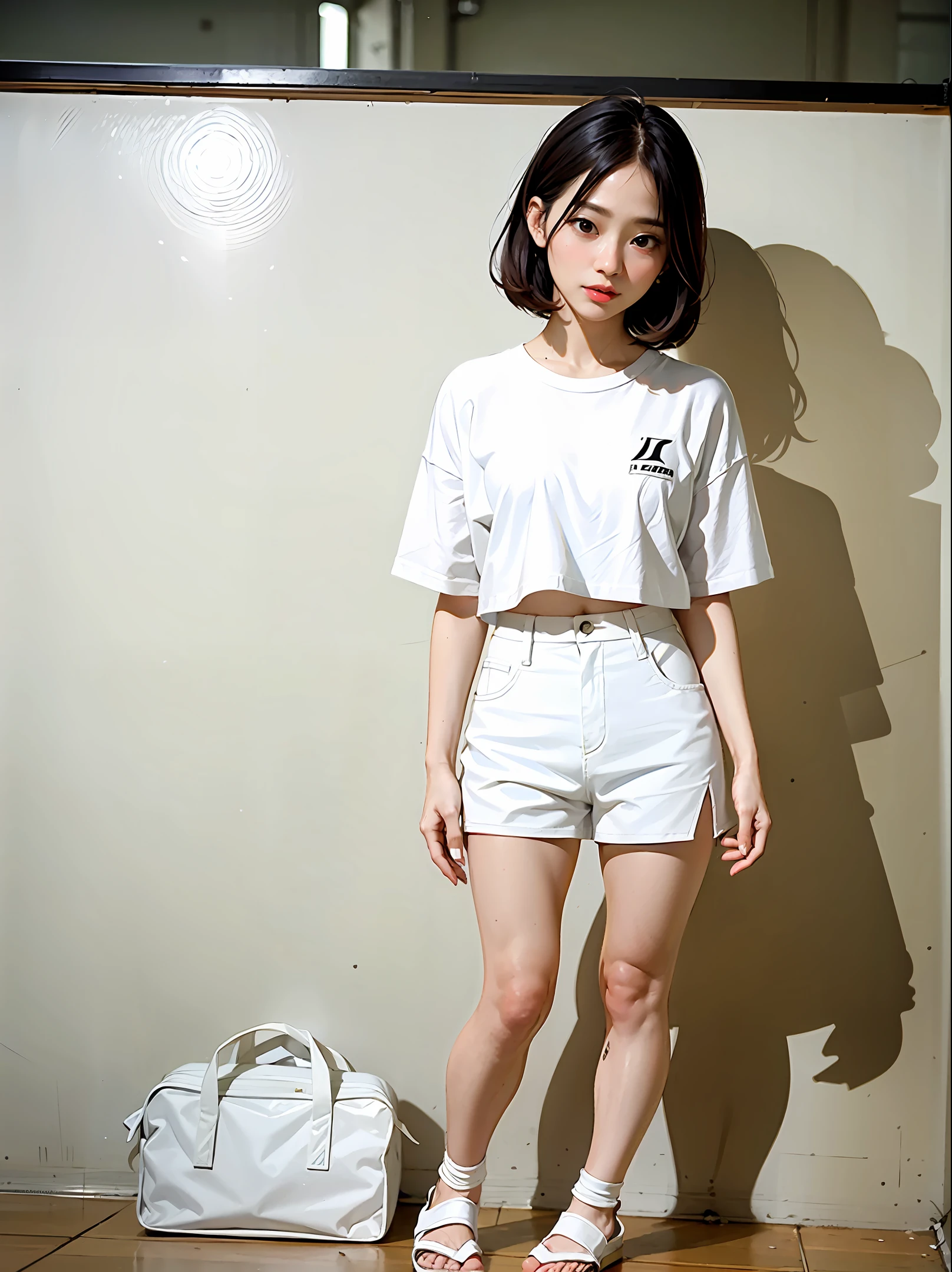 Character outfit, summer, white T-shirt, white Li Ning sandals, miniskirt, real person, clothes details