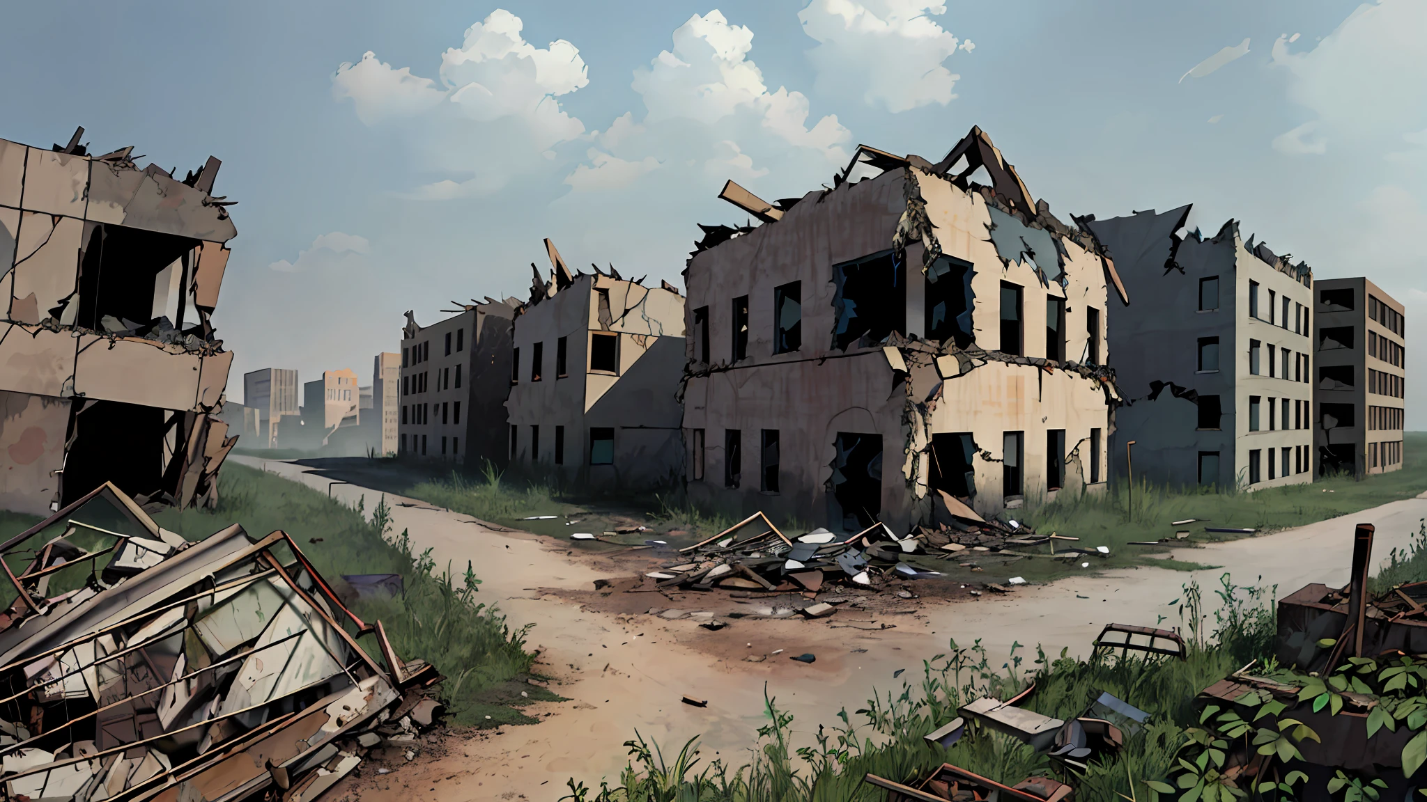 masterpiece, realistic, ultra detailed, absurdres, dynamic lighting, post-apocalypse, overgrown, no humans, night, building, collapse, dusty, asphalt, ruins, 50mm