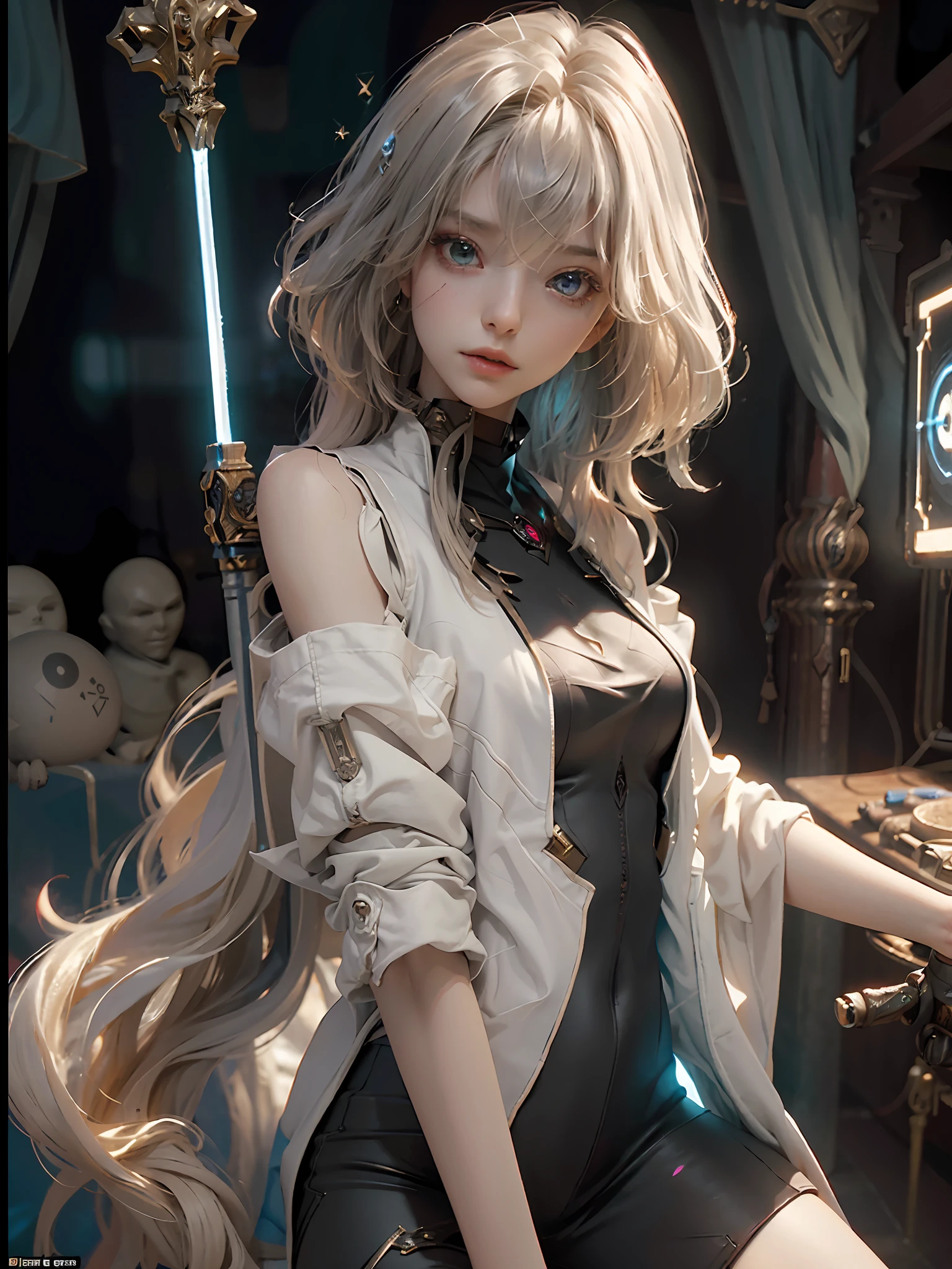 ((Best Quality)), ((Masterpiece)), (Details: 1.4), 3D, bust, (), (solo: 1.3), Portrait, (Straight Face)), (Body Front), (A Beautiful Pixie Loli Image)mall breasts: 1.3), ((bust)), (upper body), (slender perfect body: 1.2), (perfect face: 1.2), (young face: 1.3), (perfect eyes), (perfect hands), (perfect fingers), (soft and simple hair: 1.5), (simple tight clothes: 1.3), (tight shorts), golden hair, collar, (metal gloves: 1.2), (weapons), chains, in the distant future, the line between science fiction and fantasy has disappeared, and the world is an awesome tapestry of wonder. Enter a universe where magic and technology coexist in harmony and shape the fate of civilization in the vast expanse of space. At the heart of this field is celestial relations, an interstellar center of mysterious energy and technological wonders. Here, arcane knowledge is intertwined with cutting-edge science, giving birth to a society brimmed with the power of ancient spells, while occult arts enhance technology. As a young explorer, embark on a grand adventure destined to unlock the secrets of the celestial bond. As you travel through the uncharted realms of the universe, encounter various civilizations full of creatures with extraordinary abilities. From the ethereal spire of the elves, where the art of traveling across dimensions is perfected, to the cybernetic enclave of the Android Group, witness the tapestry of life where magic and technology intertwine. Unleash your latent power as you adapt to the energy flowing through the Nexus. Take advantage of the ancient spells of forgotten witchcraft to propel your starship through the vast universe. Wield enchanted weapons infused with futuristic enhancements to shape surging energy and engage in epic battles against cosmic abominations and intergalactic tyrants. Uncover the origins of this harmonious blend of magic and technology as you delve into the mysterious realm of celestial relationships. Discover ancient prophecies th