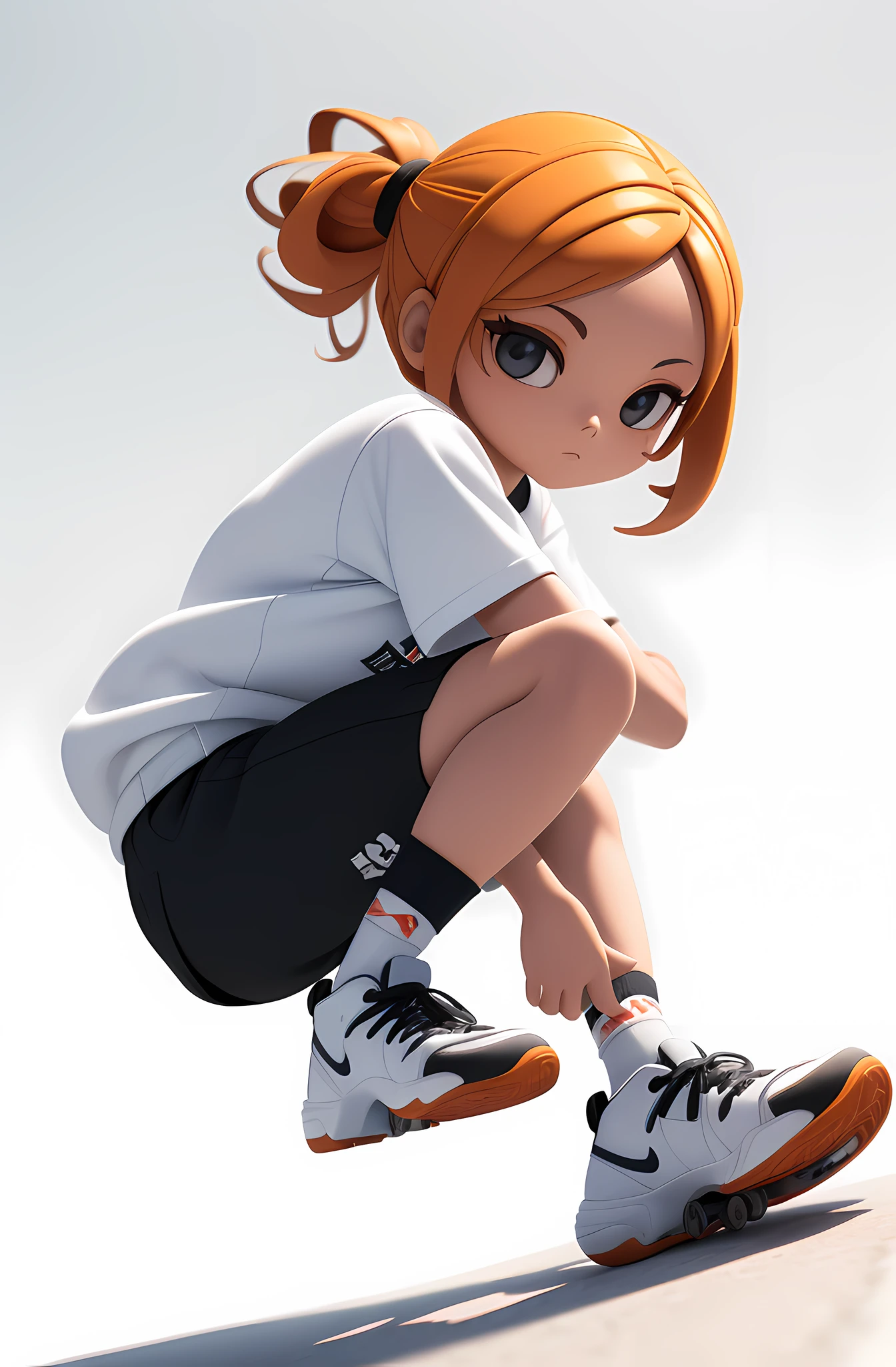 Girl skateboarding, sportswear, cool look, ((best quality), ((masterpiece)), ( extreme detail, highest detail, official art, beauty and aesthetics:1.2), depth of field, composition, full body, (chibi), white background, 3D clay rendering.