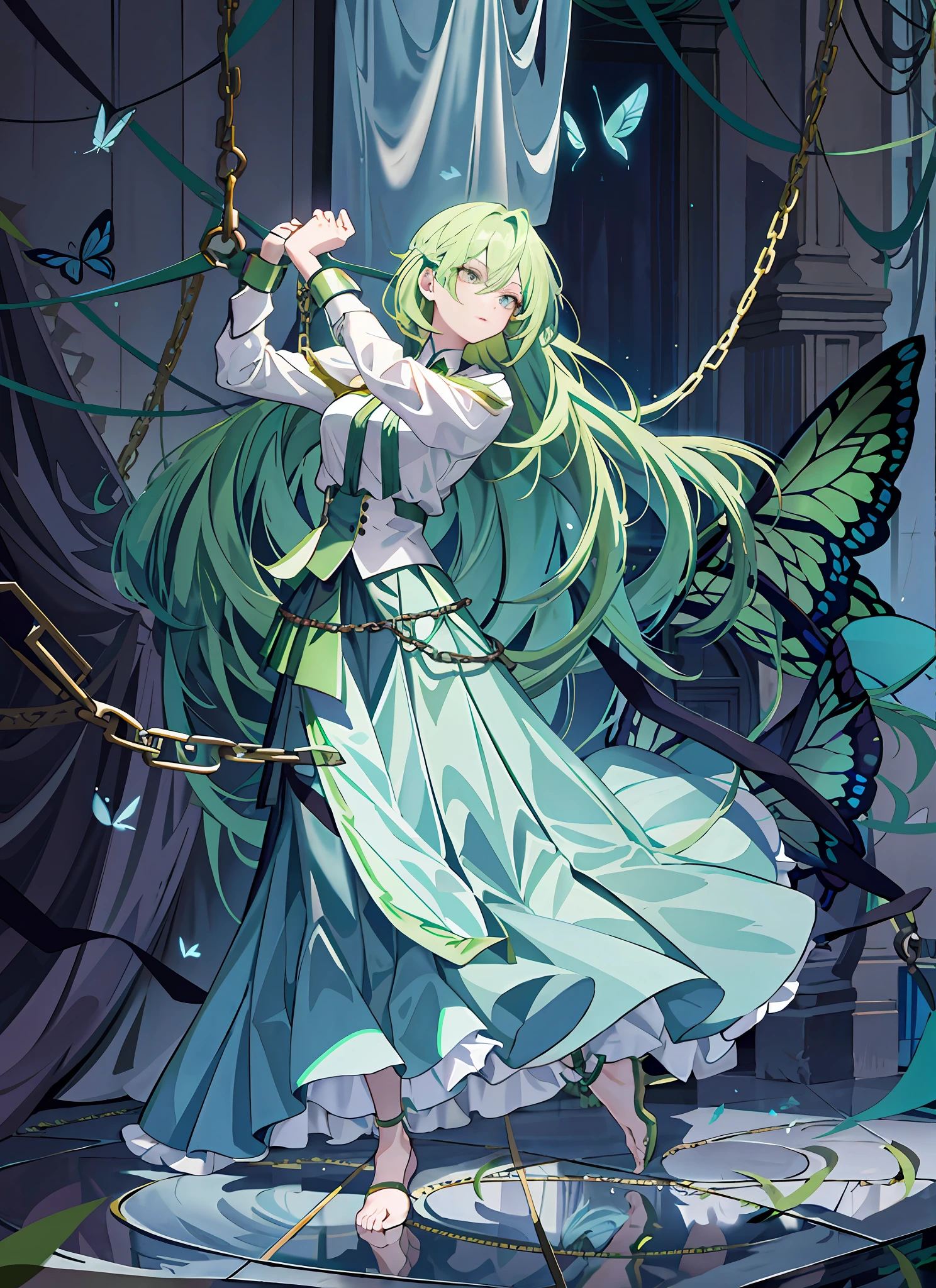 Green clothes, skirt, green hair, girl, delicate facial features, solid color background, looking to the right, long hair, extreme light and shadow, top light, dancing, shackles on feet, shackles on neck, reflection on the ground, butterflies around