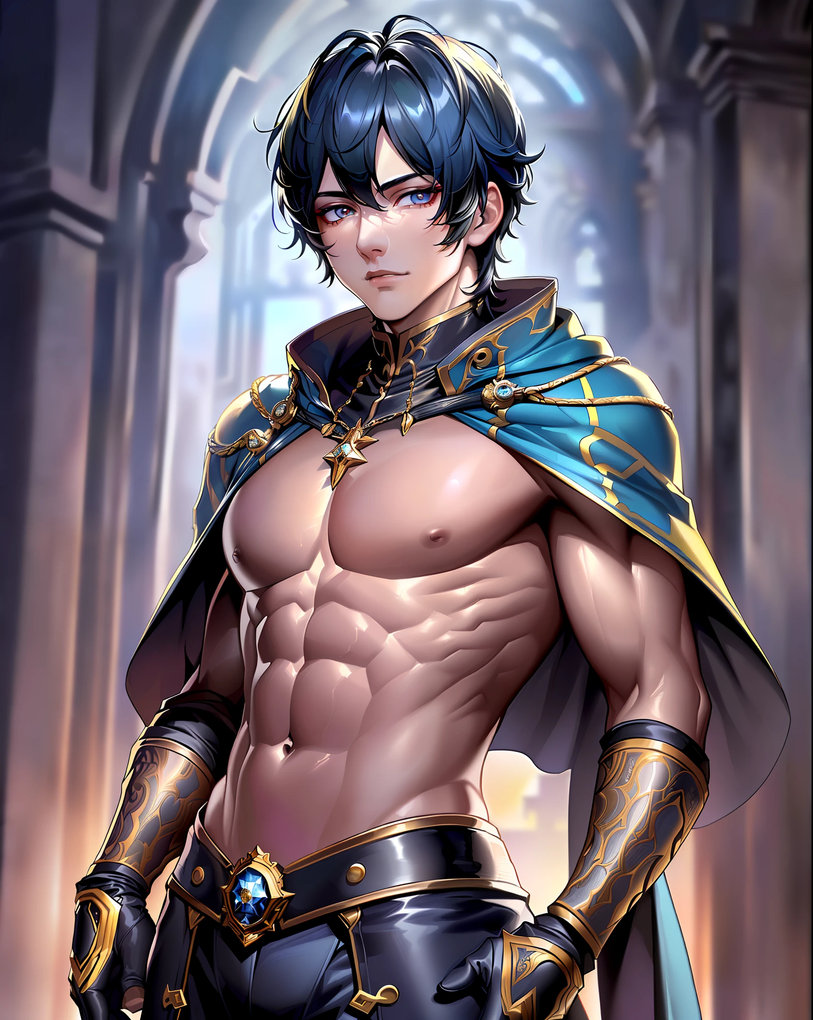 masterpiece, top quality, absurdity, ultra detail, high resolution, high resolution, 8K, realistic, 1 boy, perfect face, real detailed face, colored contact lenses, long eyelashes, princely, shiny skin, rays, (detailed background: 1.6), (complex background: 1.2), Good Hands - Beta 2: 1, epi_noiseoffset2: 0.5, , NSFW, muscles, abs, broad shoulders, shiny skin, Hair between the eyes, tuxedos, cloaks, ornaments, (dynamic_pose:1.5), cowboy shot from the front, castle tower