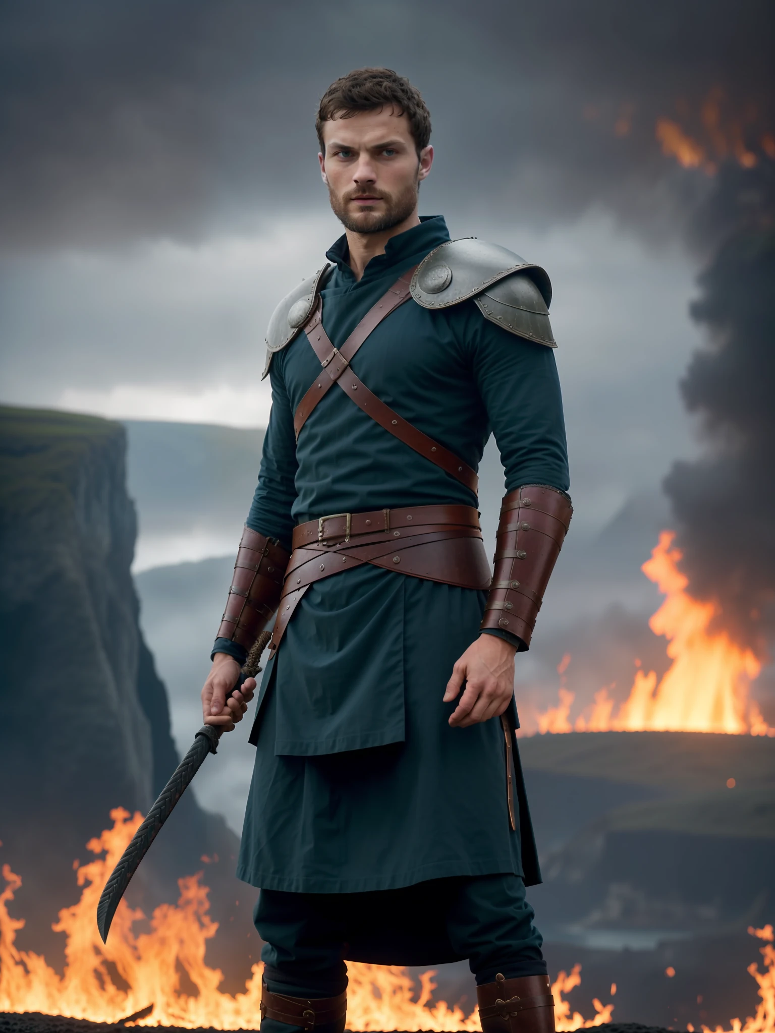 Create a Viking warrior, wearing dark blue tunic, Jamie Dornan, very handsome and attractive, strong and muscular, short dark hair, tan, dark beard, 8k resolution, best quality, similar to actor Jamie Dornan, standing in front of a burning village, cliffs, close up, attack pose and attitude.