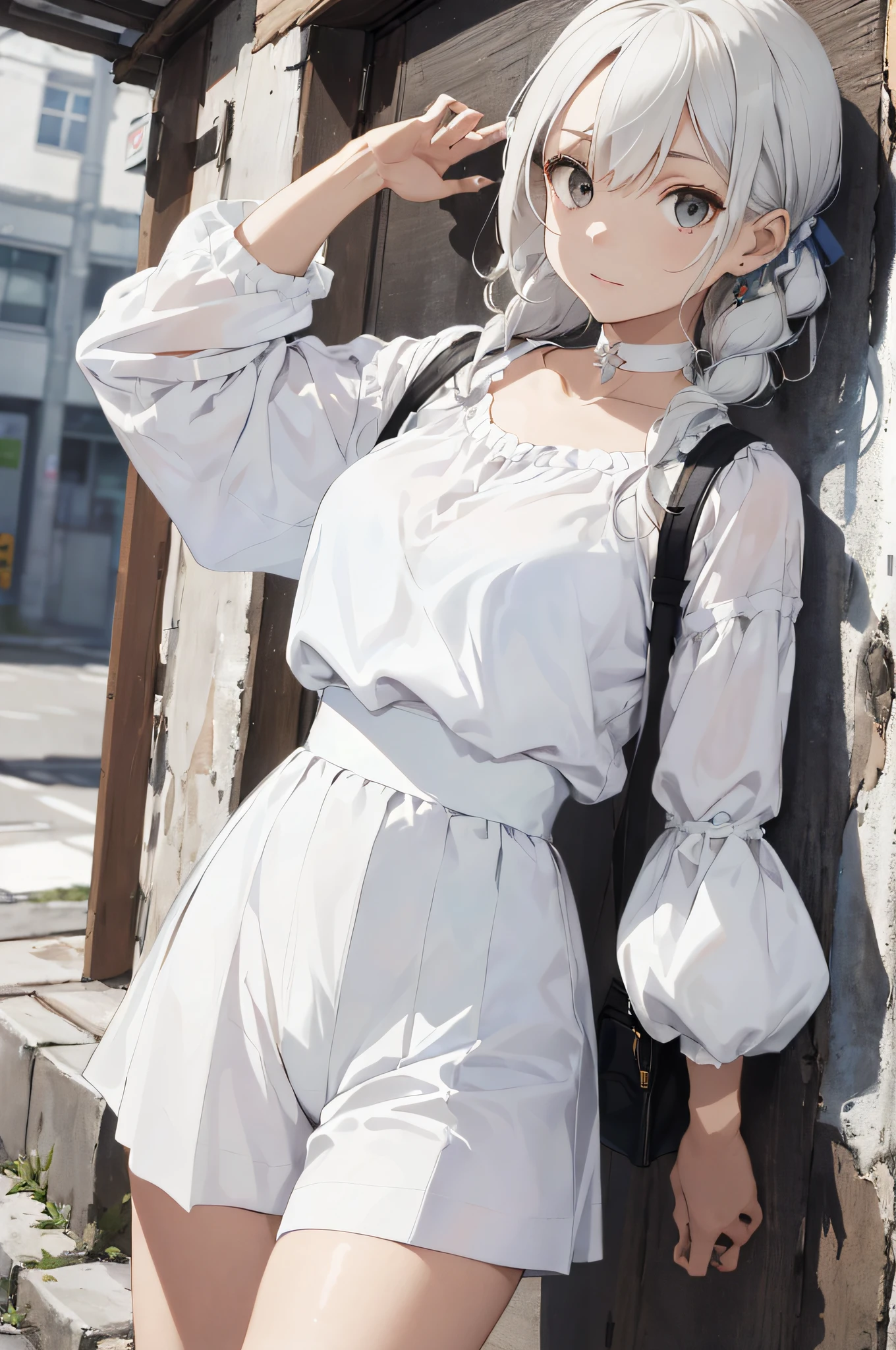 Absurdity, top quality, cat-eared girl, solo, ((Alafed woman in a white shirt and white trousers, figure of Silvia Pellissero, Instagram, Renaissance, loose blouse, white puffy outfit, casual white garment, white details, voluminous sleeves, white trendy clothes, puff sleeves, white clothes, white tunic, trendy white clothes, Perfect proportions, white poet's shirt),Choker, (scribbles: 1.5), paint splatters, paint graffiti, arms back, lean back, lean back, (lean to the side: 0.25), watch viewer, armbands, thigh straps, striped hair, (paint on body other than face)), eyes pointing upwards, head down, tilt head, (from the side: 0.75) , boring, (expressionless: 0.75 masterpiece, flat background