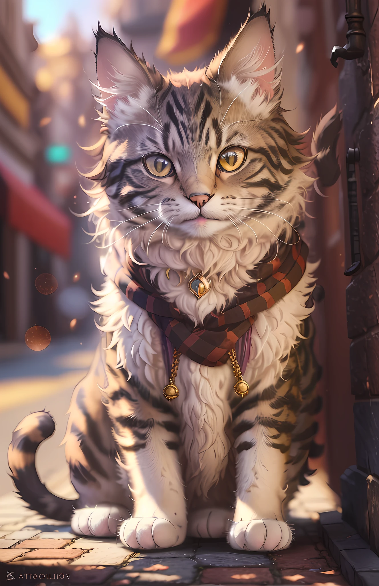 ((A cat in clothes)),, full shot, fluffy hair, anthropomorphic expressions, rich colors, exquisite details, masterpiece, realistic, artsation, cg, realistic, Unreal Engine, real light and shadow, beautiful rich colors, amazing details, high quality, a pair of ears, scenes on the street, sunny days